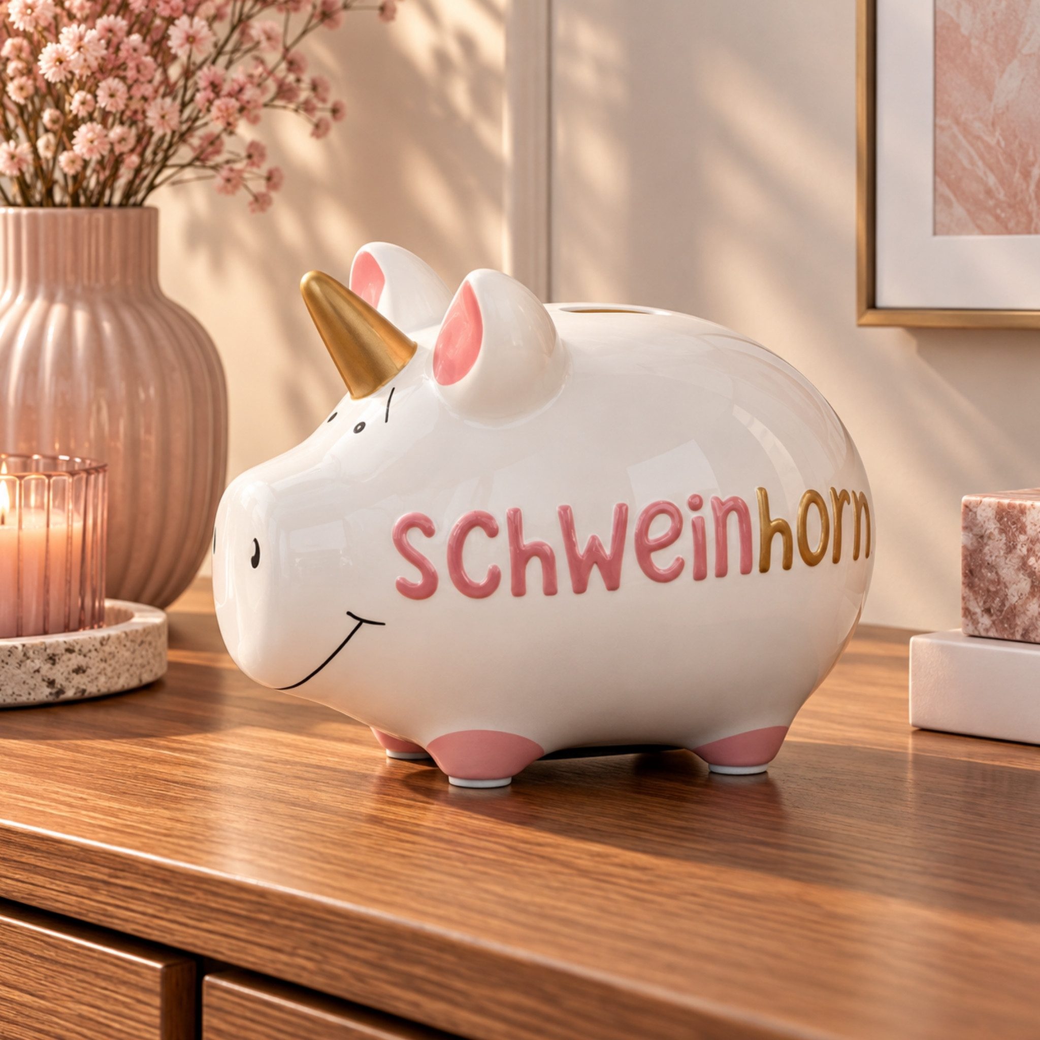 matches21 HOME & HOBBY Bilderrahmen Lustige Spardose Sparschwein Schwein-Horn bunt 12,5 cm, Keramik Kinder Erwachsenen Sparbüchse - Gummistopfen zum Öffnen