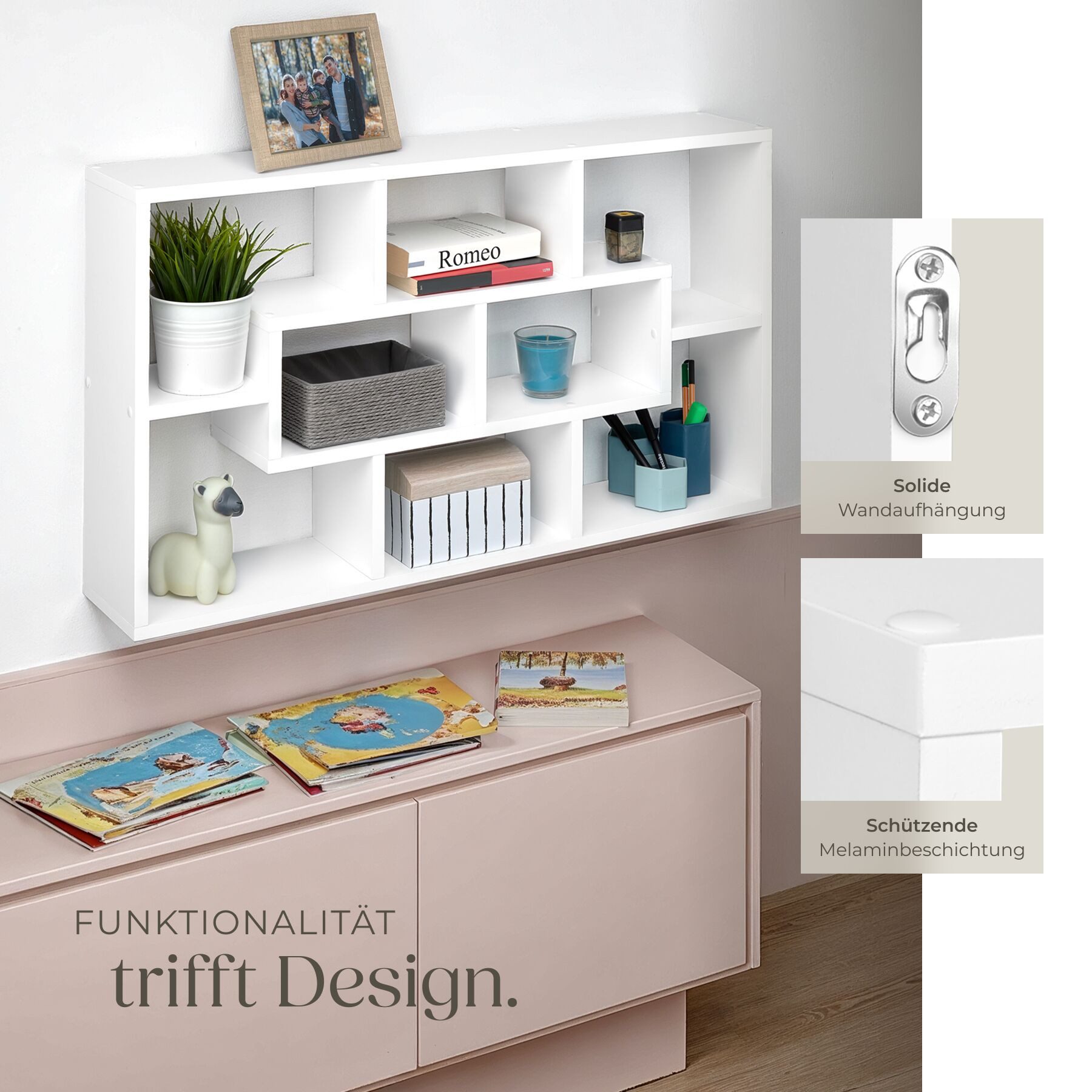 tectake Wandregal Hängeregal im Retro-Stil mit 8 Fächern, 85 x 48 x 16 cm, Regal mit acht Fächern Kassandra 1-tlg., unsichtbare Aufhängung, schnelle Montage – Bild 4 von 5