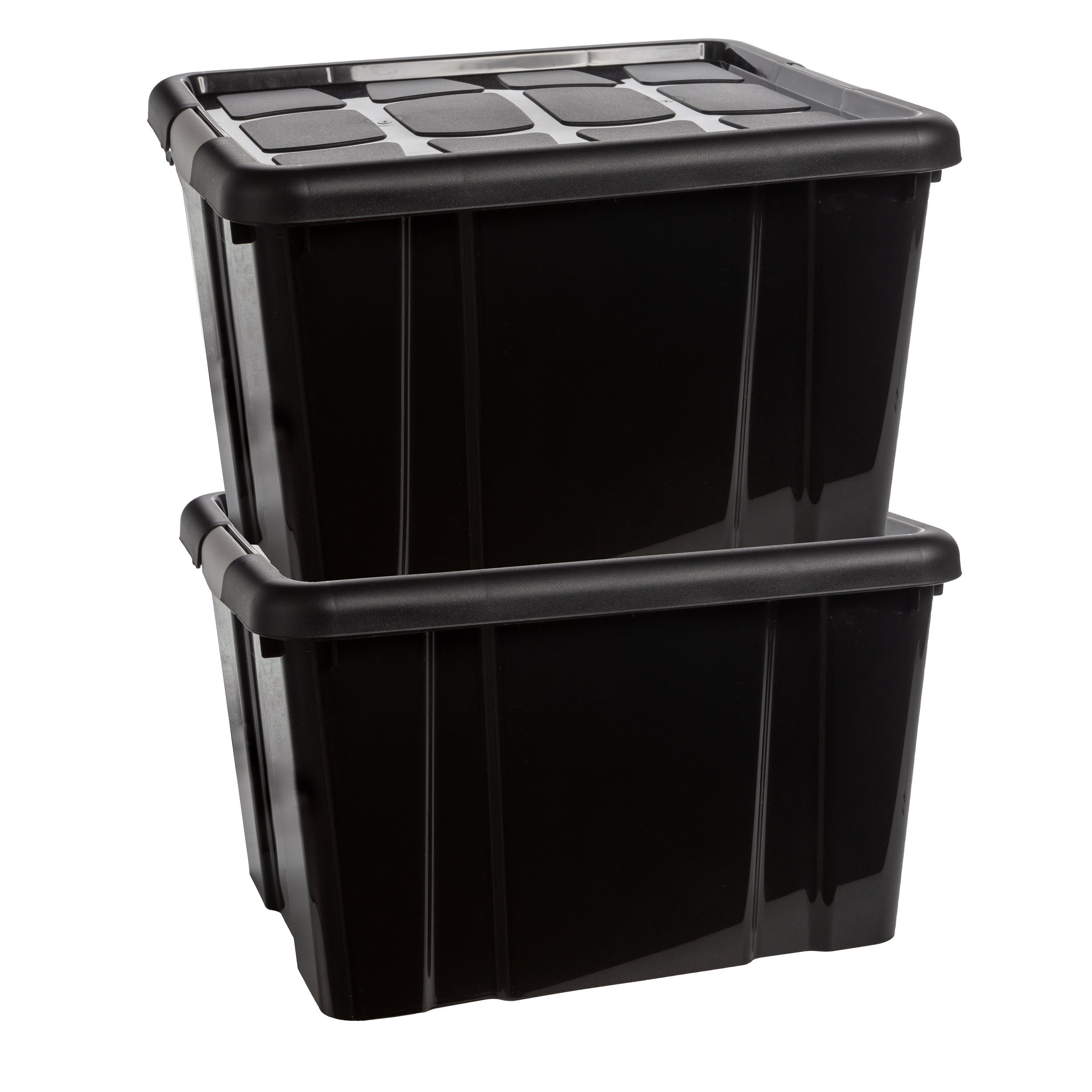 Centi Aufbewahrungsbox 4er Set Aufbewahrungsbox mit Deckel Groß 25 L (26 x 42 x 35 cm), Plastikbox mit Clip-Deckeln Stapelbar Schwarz