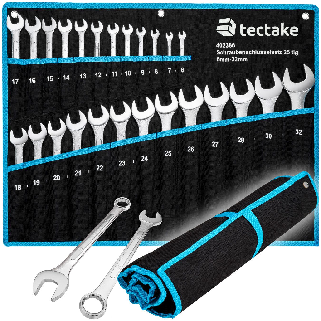 tectake Steckschlüssel Werkzeugkoffer, inklusive Rolltasche mit Ösen (Schraubenschlüssel, 1 St., in schwarz/blau), 25-teilig, umfangreiche Auswahl, 6 - 32 mm, für präzises Arbeiten