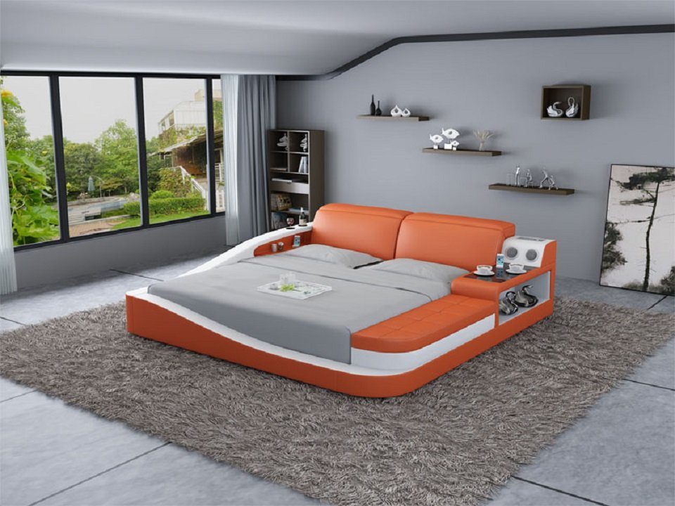 JVmoebel Bett Luxus Schlafzimmer Bett Polster Design Leder Doppel Betten Textil Orange/Weiß