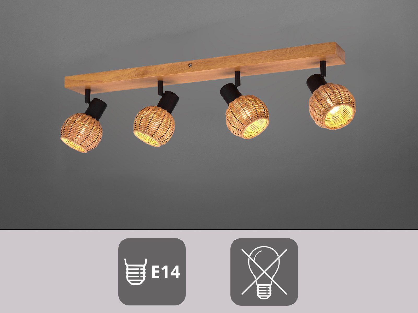 meineWunschleuchte Deckenstrahler Rattan-Lampe mit Holz, Breite 70cm, ohne Leuchtmittel, Innen Deckenleuchte, Korblampe skandinavisch mit 4 Strahler, Holzlampe – Bild 5 von 5