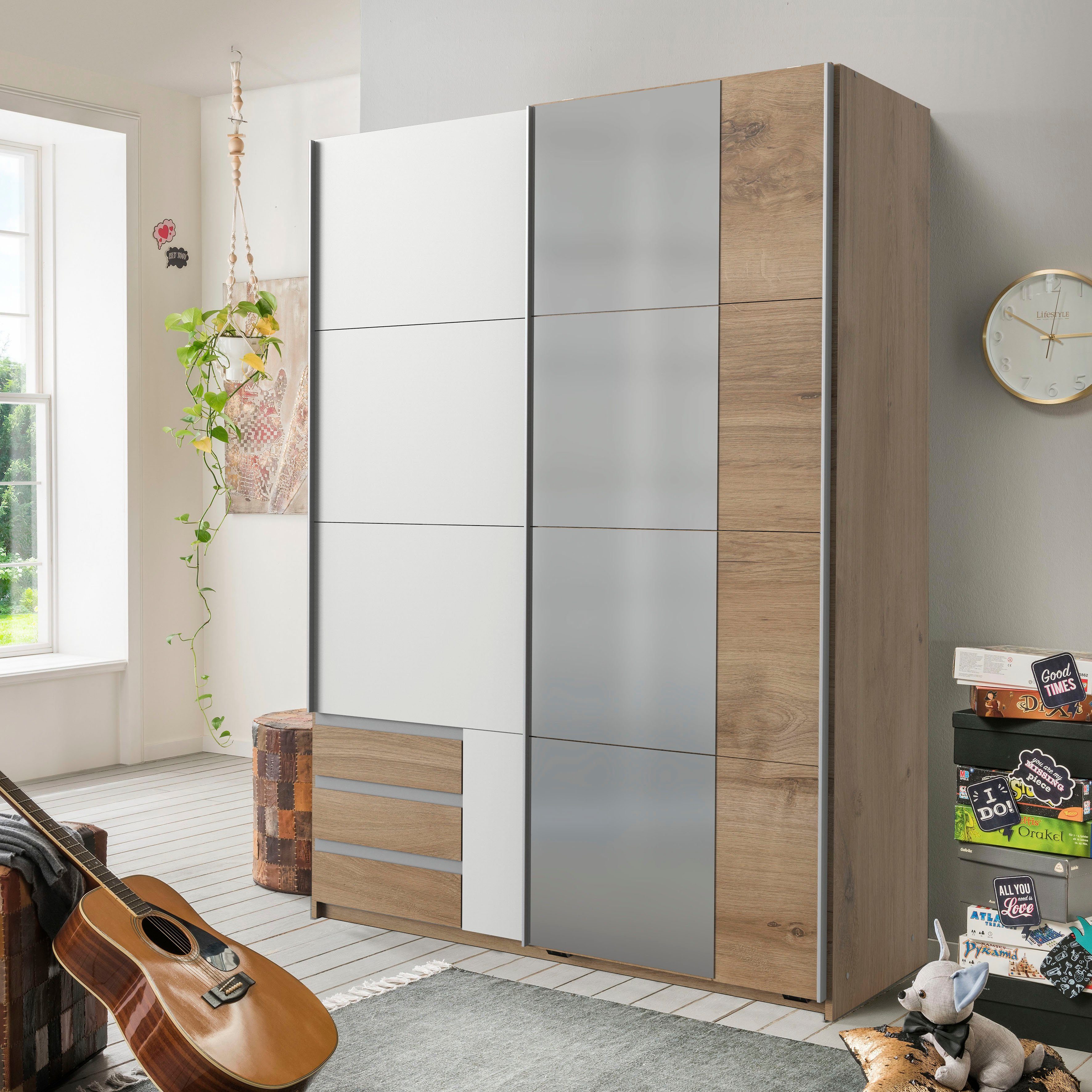 Wimex Schwebetürenschrank Emden moderner Kleiderschrank mit Spiegel und Schubladen BESTSELLER Schlafzimmer Schrank Garderobenschrank mit Schwebetüren Topseller