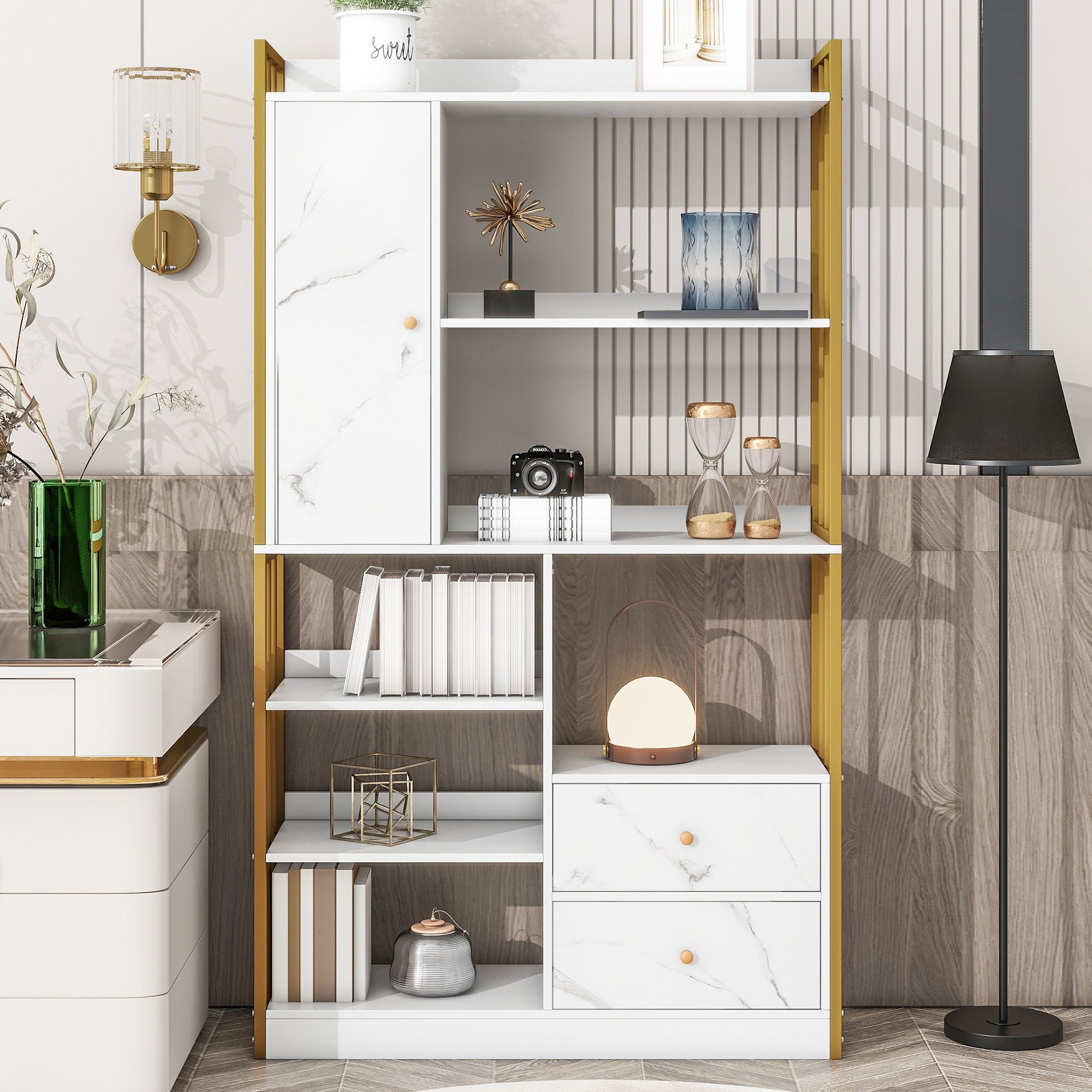 Flieks Bücherregal, 1-tlg., Standregal mit Türen und Schubladen Büroregal 100x30x173,5cm