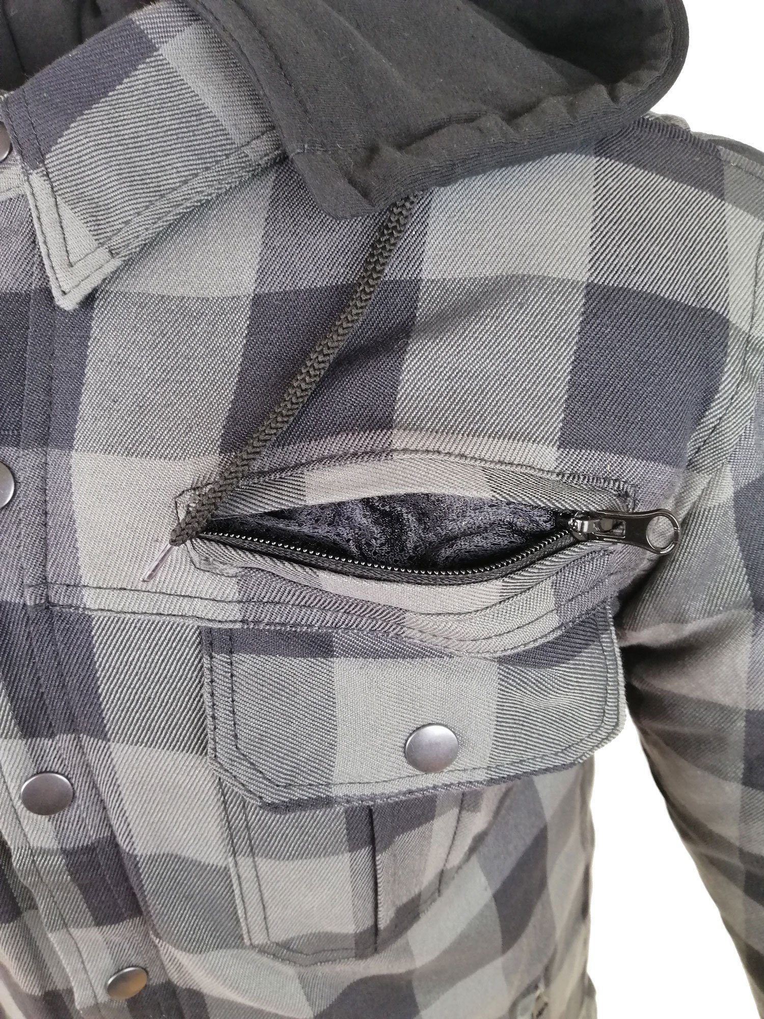 Alpha Speeds Motorradjacke Flanell-Holzfäller Motorrad KEV ARAMID Lumber Biker Hemd PRO Grau (Wasserdicht & Winddicht & Atmungsaktiv + wasserdichte Reißverschlüsse) mit abnehmbare Kapuze & Innenjacke, All Season, inklusive Protektoren
