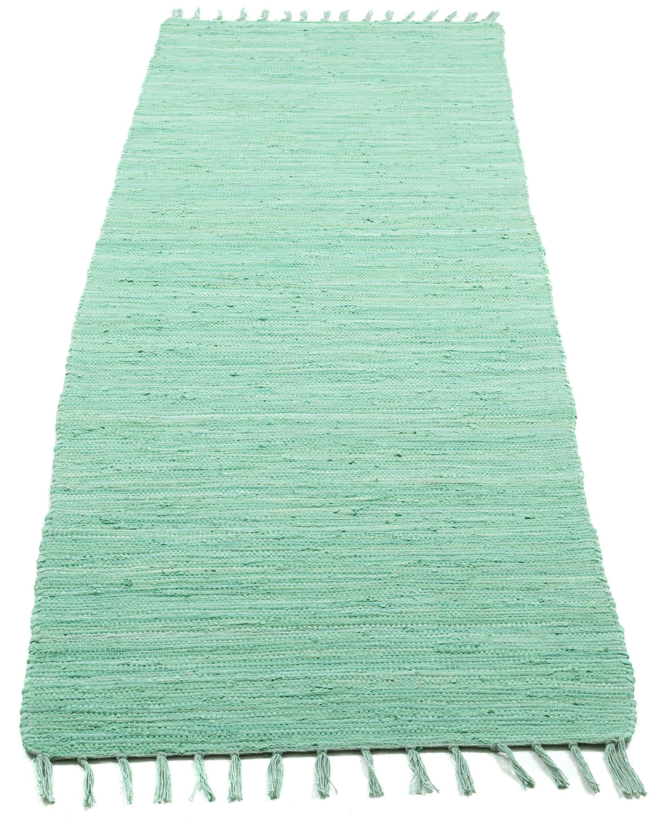 Läufer Happy Cotton Fleckerl, THEKO, rechteckig, Höhe: 5 mm, Handweb Läufer, Flachgewebe, reine Baumwolle, handgewebt, mit Fransen mint