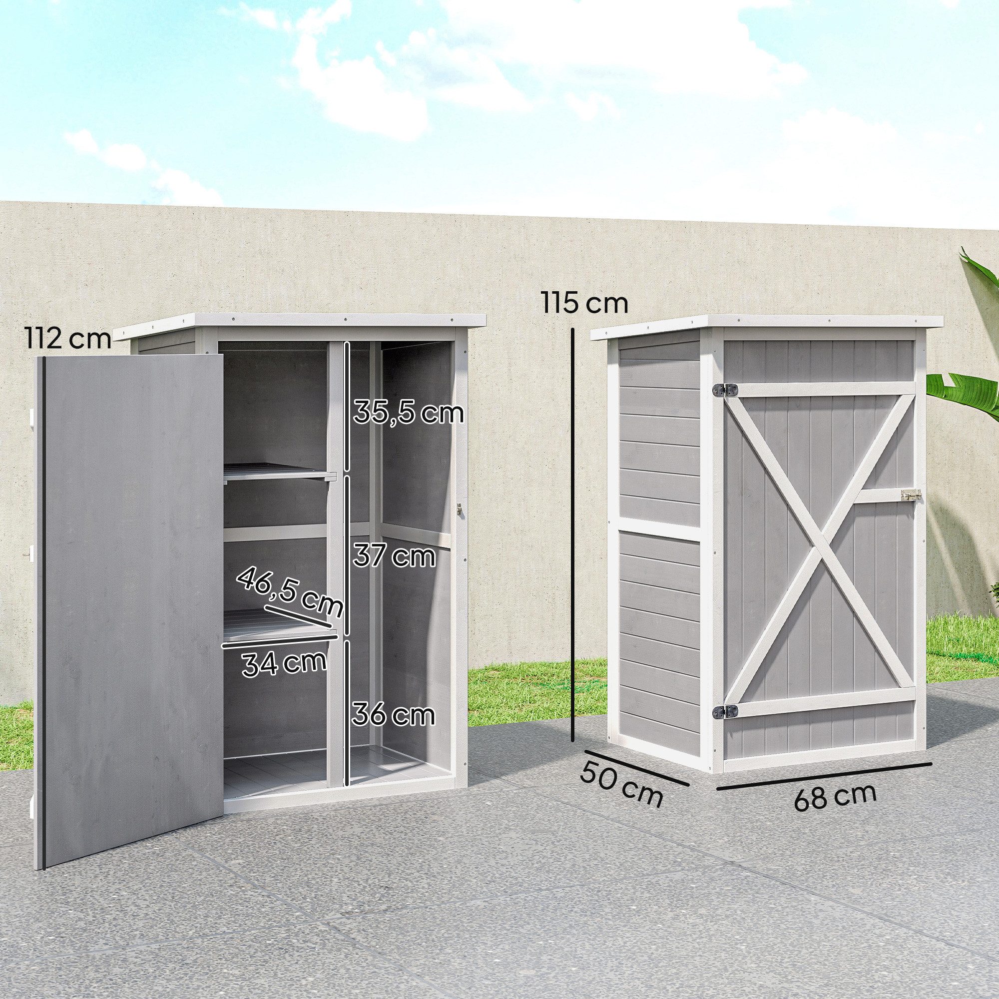 Outsunny Gerätehaus Gartenschrank Holz, Geräteschuppen wetterfest, BxT: 75x56 cm, (Gartenschrank, 1 St., Geräteschrank), für Garten, Naturholz, Schwarz+Grau+Weiß