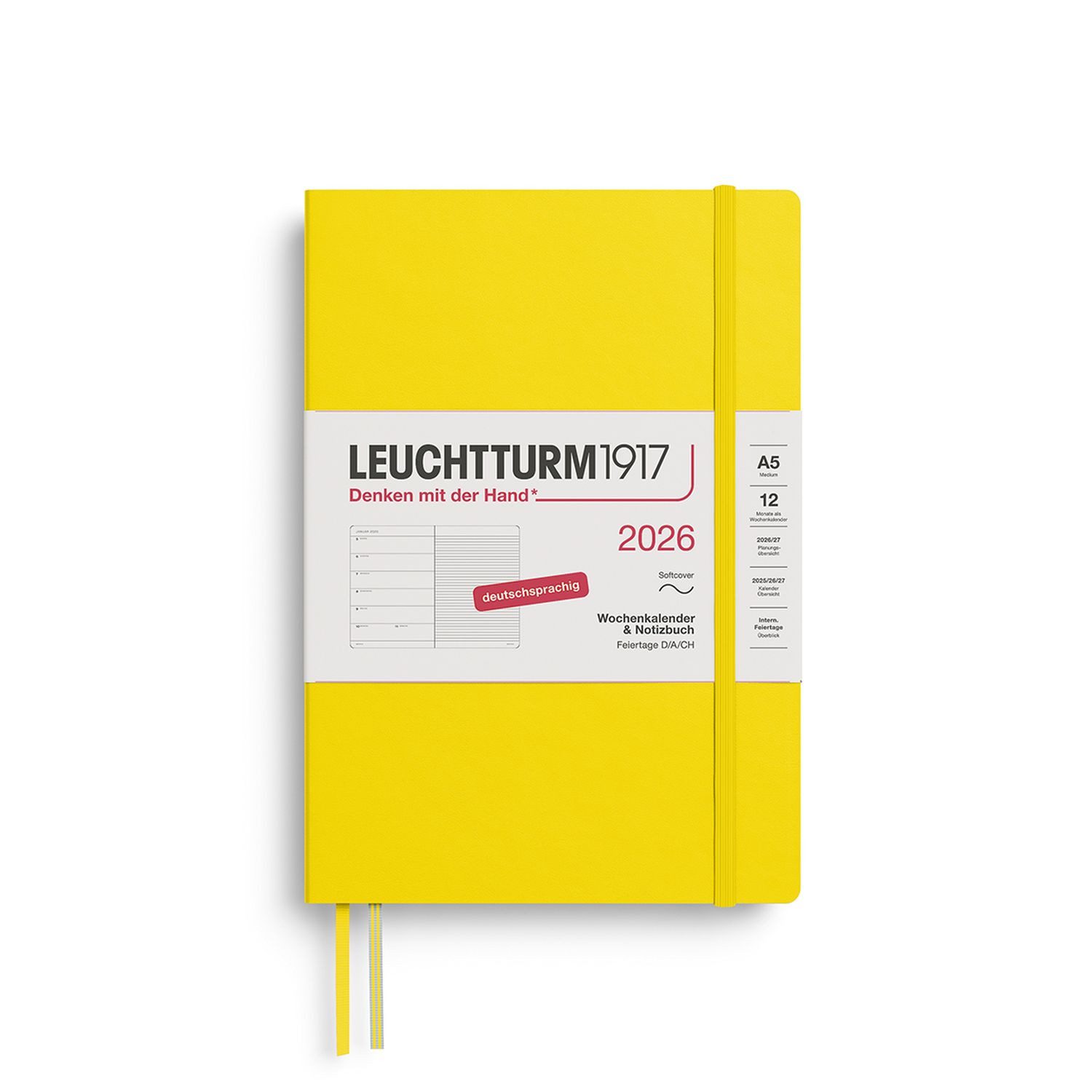 Leuchtturm1917 Taschenkalender Wochenkalender 2026 & Notizbuch Medium A5 Softcover Zitrone