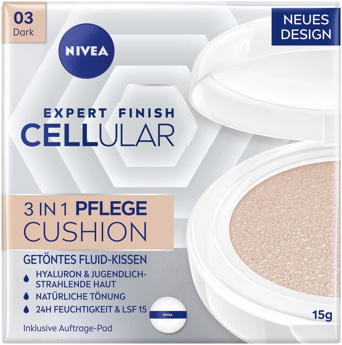 Nivea Make-up Expert Finish Cellular 3in1 Pflege Cushion Fluid Schwamm, mit Hyaluron, Kollagen-Booster, feuchtigkeitsspendende Foundation, - 03 Dunkel