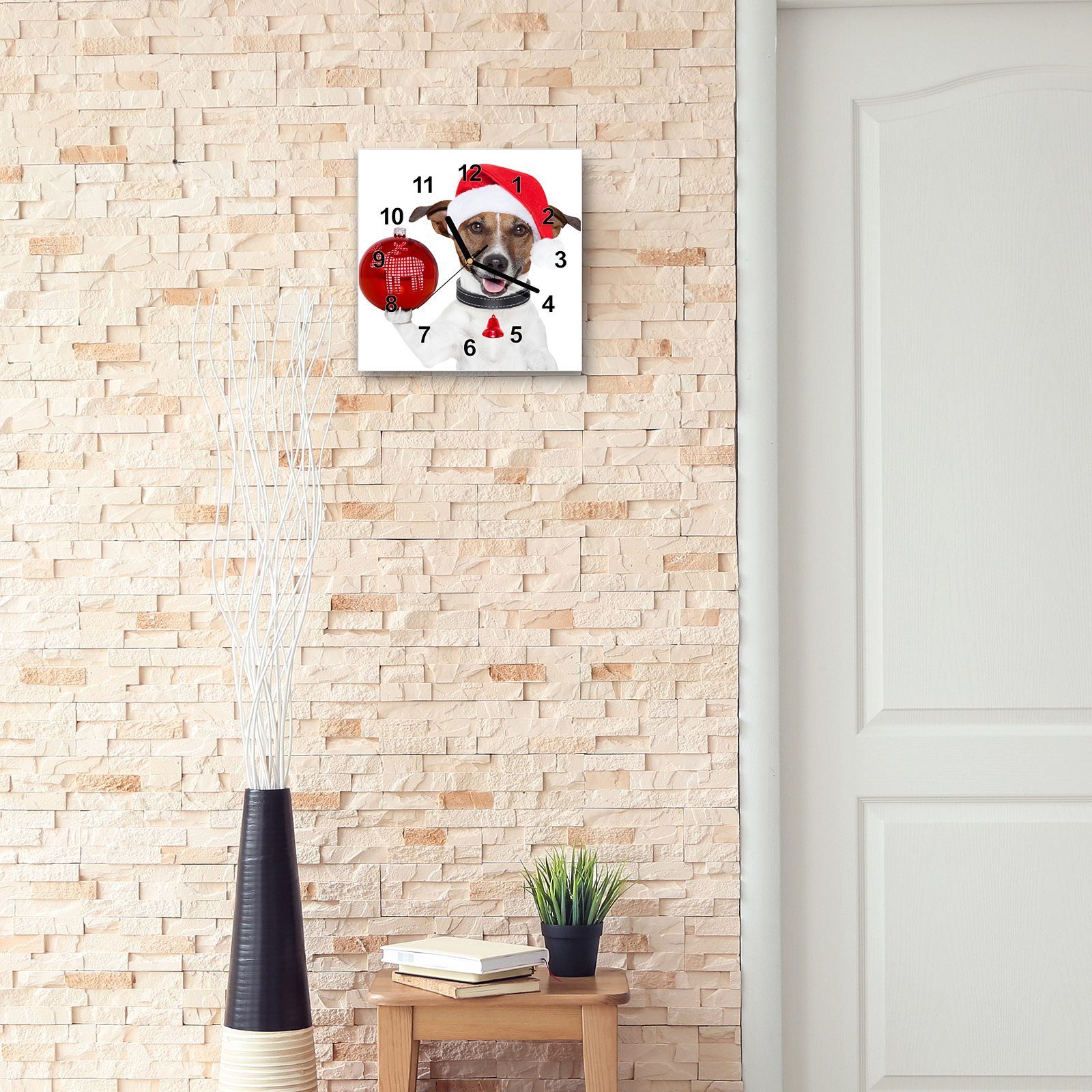 Größe Glasuhr Motiv Nikolaus mit Wanduhr als Wanduhr Primedeco 30 cm Wandkunst 30 x Hund