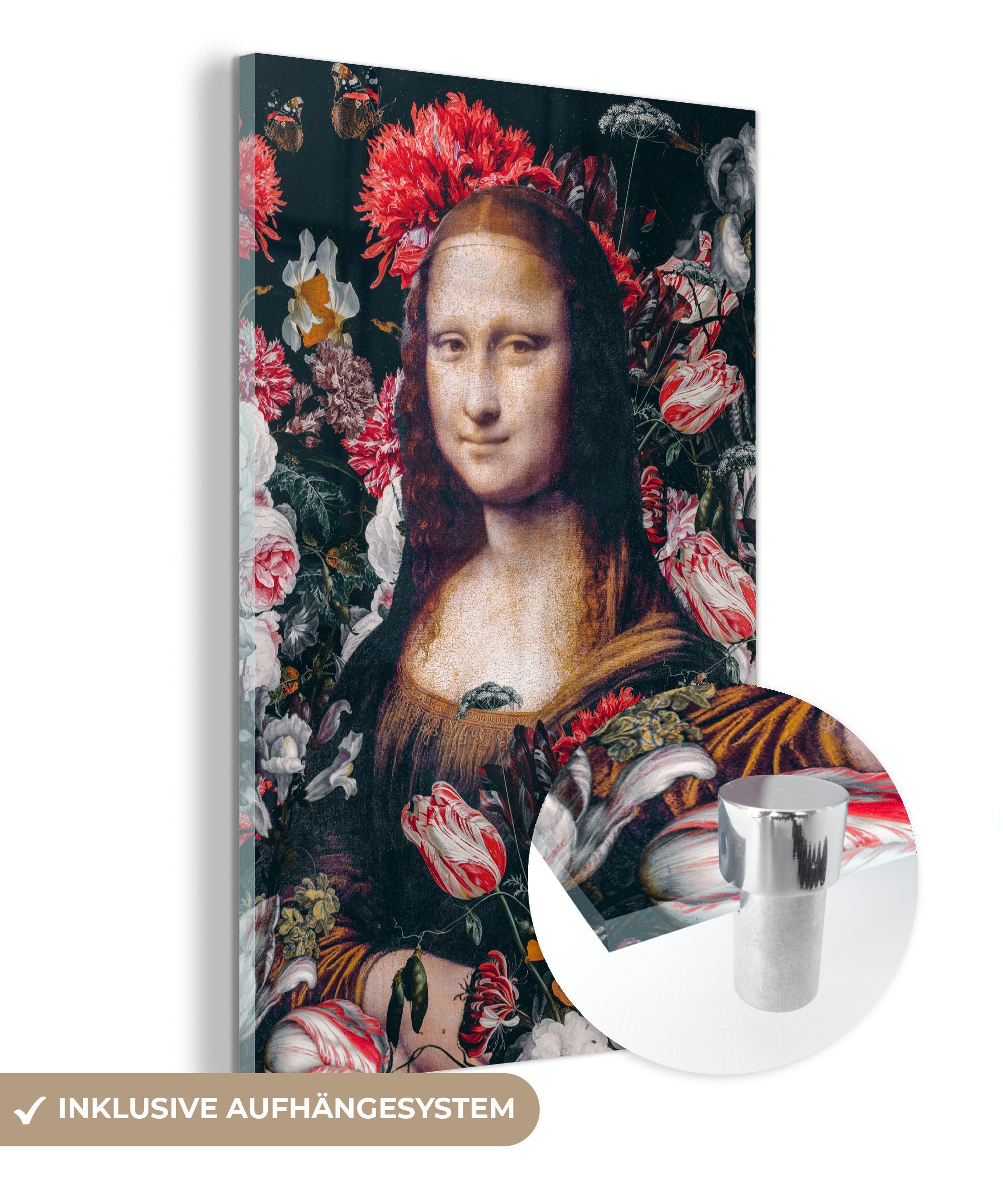 MuchoWow Acrylglasbild Mona Lisa - Leonardo da Vinci - Blumen - Rosa, (1 St), Glasbilder - Bilder auf Glas Wandbild - Foto auf Glas - Wanddekoration bunt
