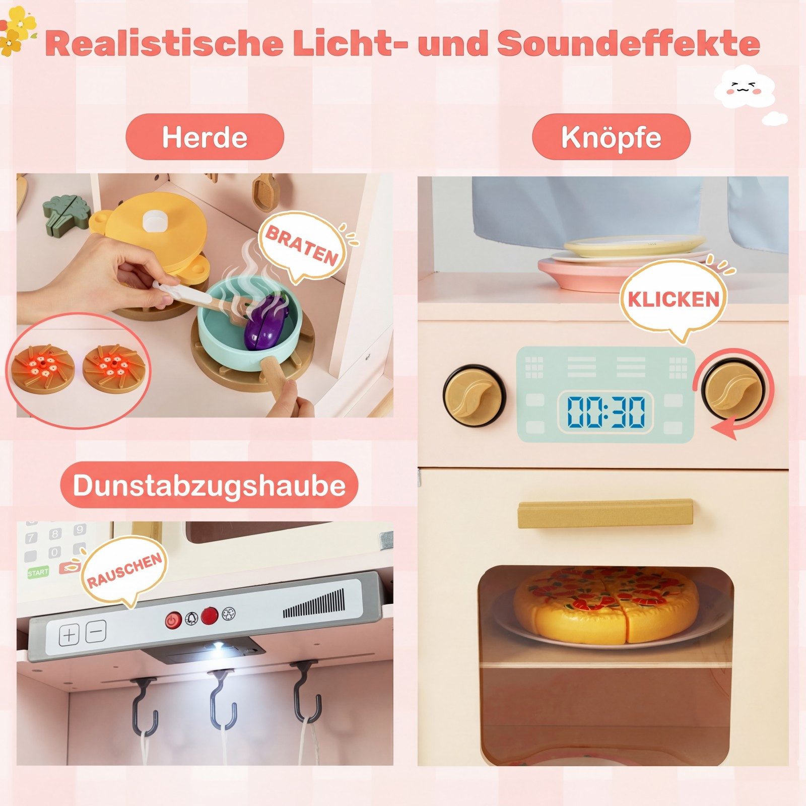 COSTWAY Spielküche Holz, Eck-Spielküche mit Doppeltür-Kühlschrank, Mikrowelle