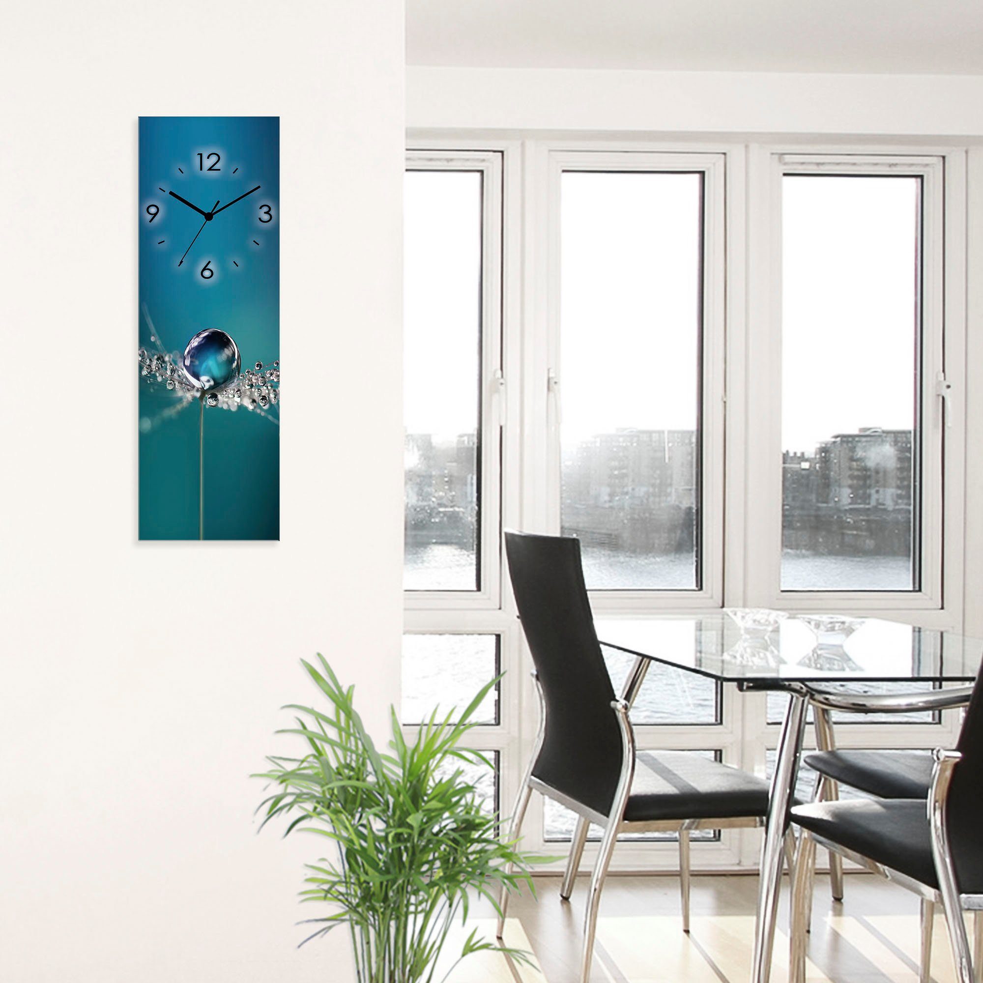 Artland Wanduhr Glasuhr mit Pusteblume Quarz- ohne (wahlweise Tautropfen blau Funkuhrwerk, Tickgeräusche) oder lautlos