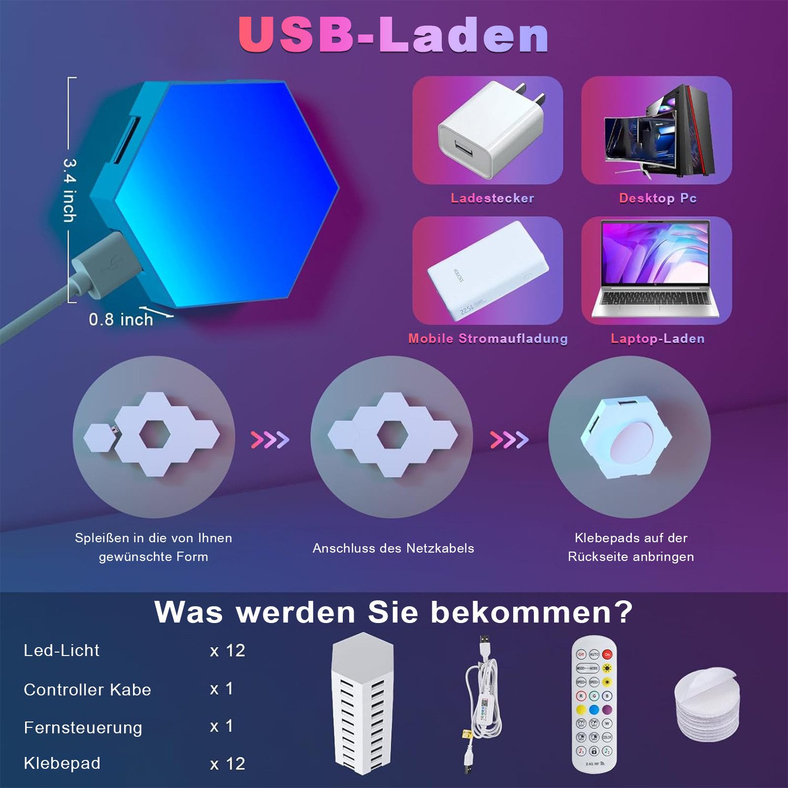 skelo LED Wandleuchte LED Sechseck Gaming Wandleuchte, 6-20PCS Hexagon RGB LED Panel, Gamer Lampe, Sechseck Waben Gaming Deko Wand Licht, Led Hexagon, Farbwechsel, Helligkeitseinstellung, Geschwindigkeitskontrolle, Zeiteinstellung und Musiksynchronisation, 16 Millionen Farben, RGB-Technologie, weiche Beleuchtung ohne Flackern