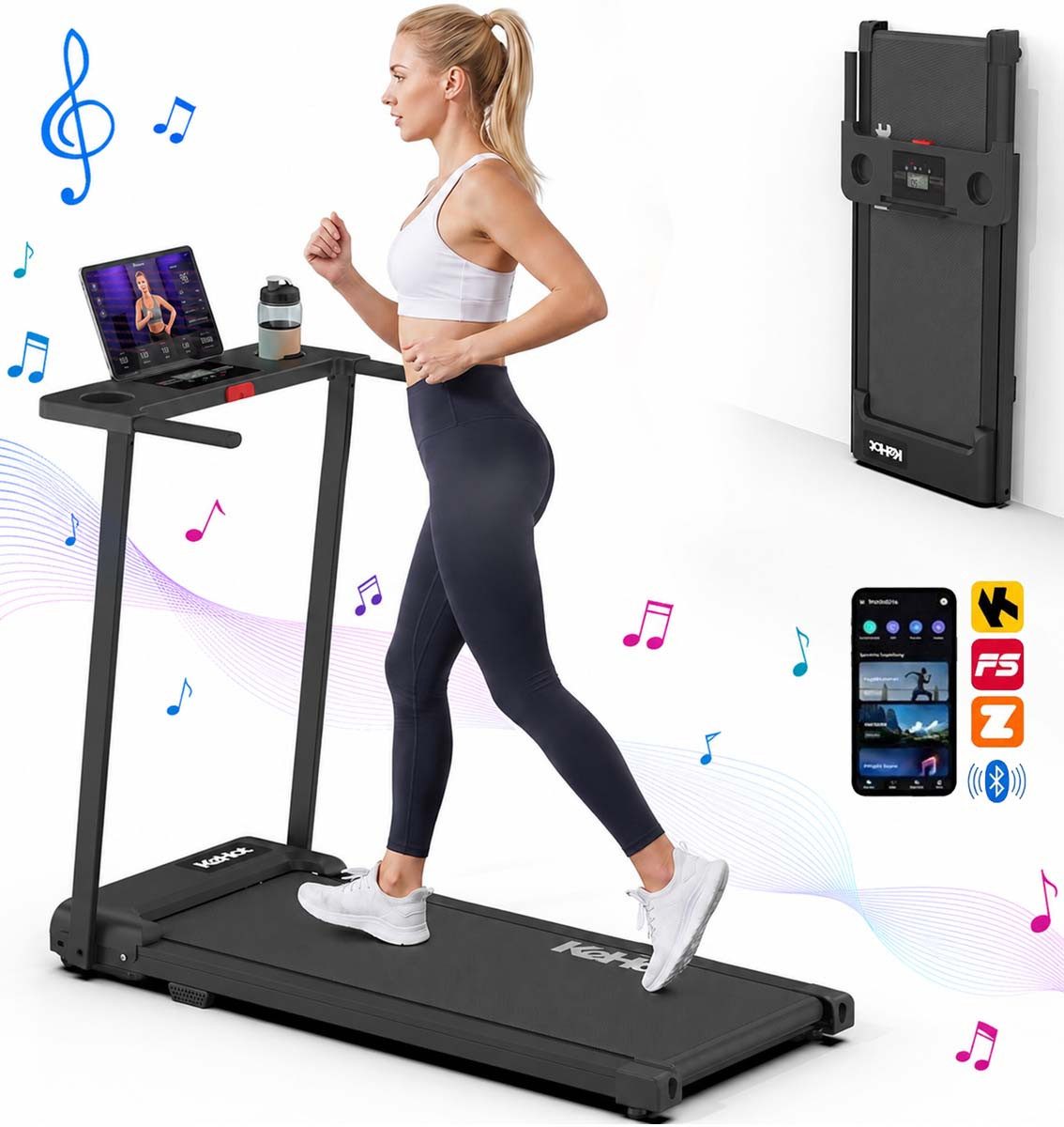 kehot Laufband Klappbares Laufband für Zuhause – 1–12 km/h & 2,5 PS Motor (Leises Homegym Laufband mit Stoßdämpfung bis 136 kg, Bluetooth App & 12 Trainingsprogramme für Cardio Training), Platzsparendes Laufband für Walking & Jogging Zuhause