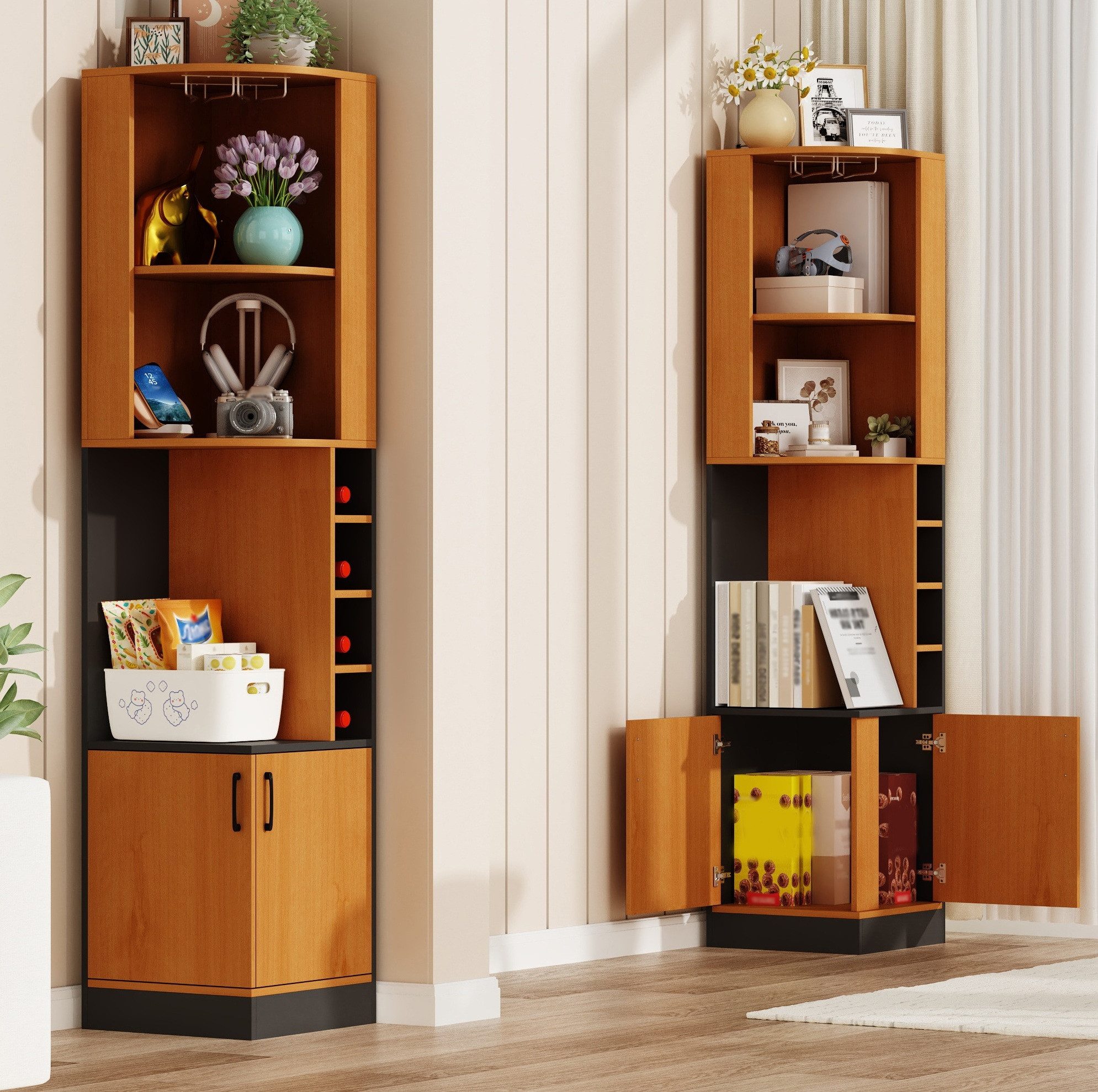 MODFU Eckschrank platzsparender Eck-Weinschrank (mit Weinglasregal, offenen Fächern, Weinfächern und geschlossenem Stauraum für Küche, Esszimmer & Wohnzimmer, 1-St., 40×40×182cm)