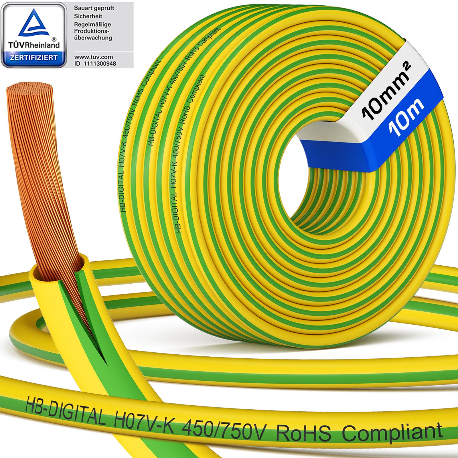 HB-DIGITAL Erdungskabel 10mm2 PVC Aderleitung H07V-K flexibles Kabel grün-gelb Stromkabel, (1000 cm), PVC-Isoliermantel