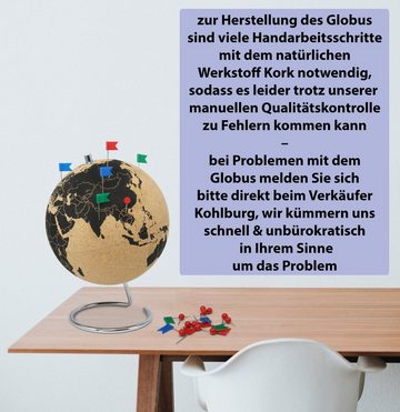 Feinknick Globus Drehbarer Korkglobus mit 54 unterschiedlichen Pinnadeln, Globus aus Kork 25cm hoch als ideale Geschenkidee