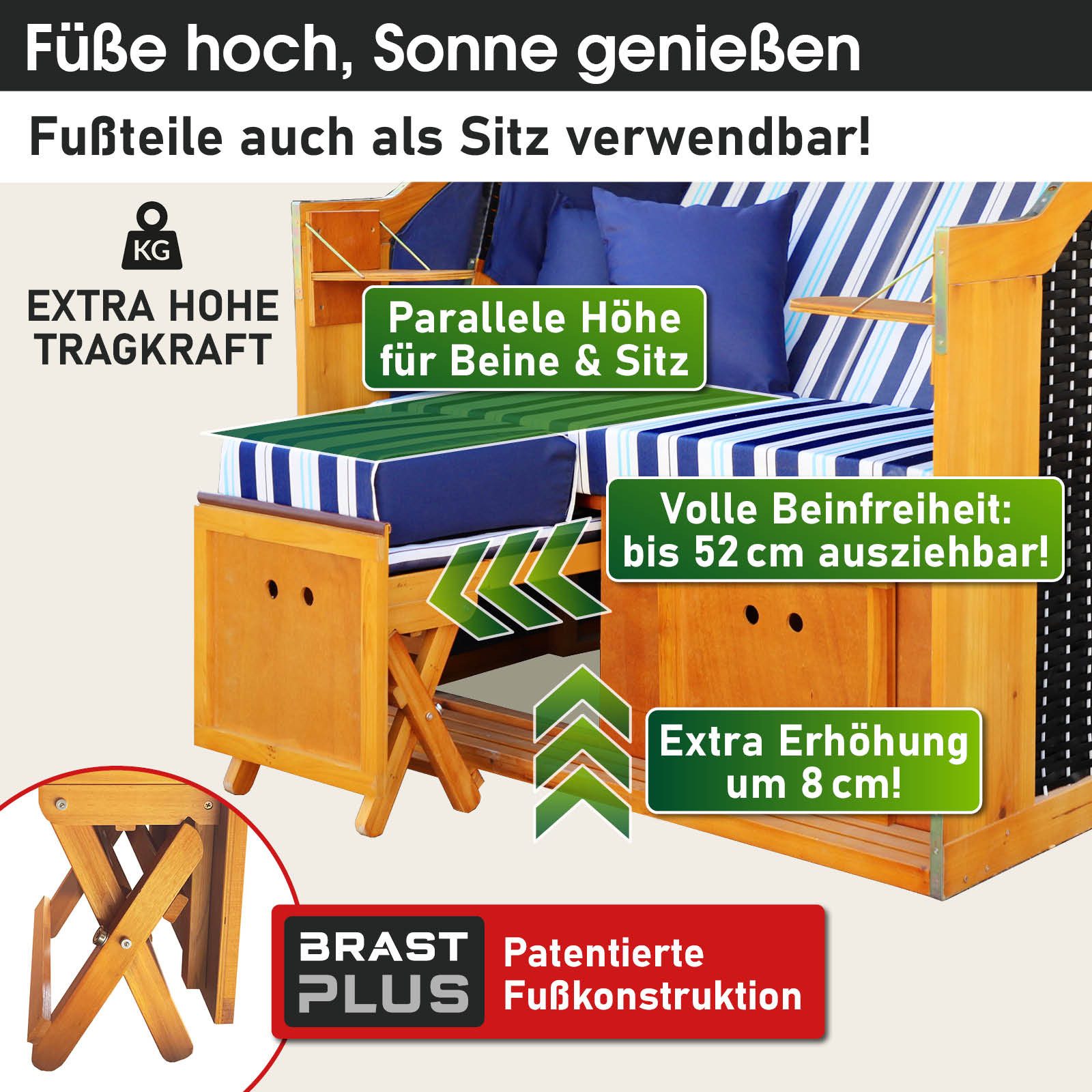 BRAST Strandkorb für 2 Personen, 120cm breit, 5 Designs, BxTxH: 120x79x150 cm, Volllieger, Rügen Deluxe, (verstellbare Rückenlehne weiches Fußkissen), inkl. wetterfeste Abdeckhaube