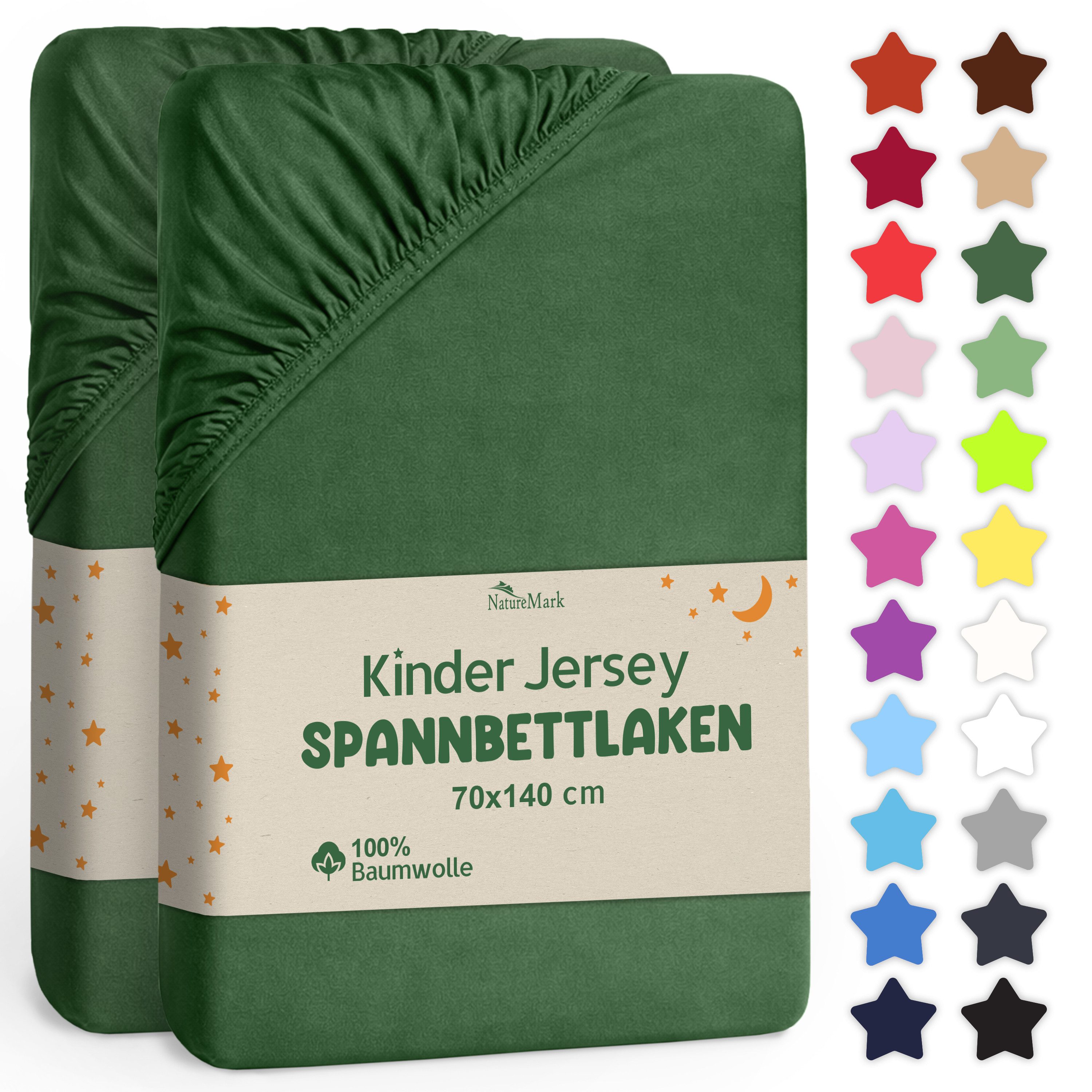 NatureMark Spannbettlaken Jersey Spannbetttuch, 100% Baumwolle, Gummizug: rundum, (2 Stück), Kinder Spannbetttuch, für Baby-/Kinderbett, 70x140 cm, Dunkel grün