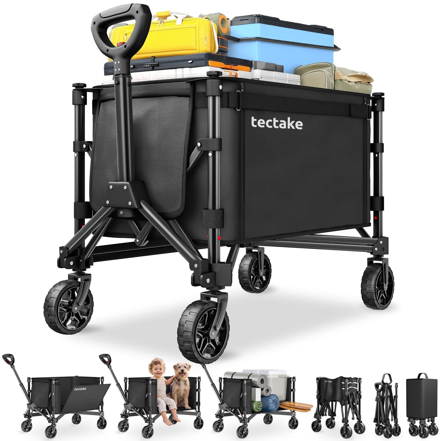 tectake Bollerwagen Handwagen SmartRider faltbar, Profilräder, Teleskopgriff (1 Transportwagen, 1-tlg., 120L Volumen in Schwarz mit abnehmbarer Plane aus Oxford-Gewebe), Inklusive Einlegeboden, Reflektorstreifen, Belastbarkeit 60 kg