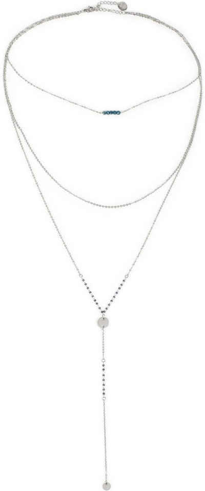 styleBREAKER Edelstahlkette (1-tlg), Y Layer Halskette mit Perlen und runden Plaketten