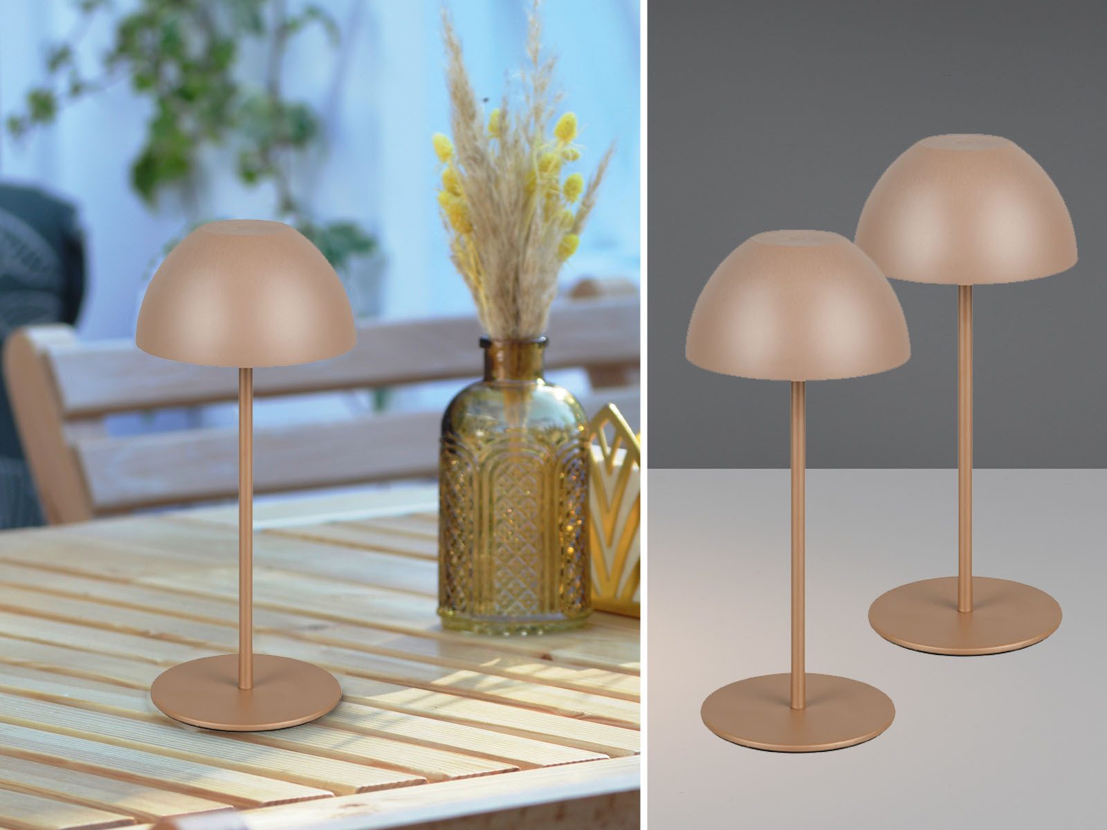 Reality Leuchten LED Außen-Tischleuchte, dimmbar, LED fest integriert, Warmweiß, 2er SET Outdoor USB Pilz-Lampen Coffee, kabellos mit Akku, 20cm klein