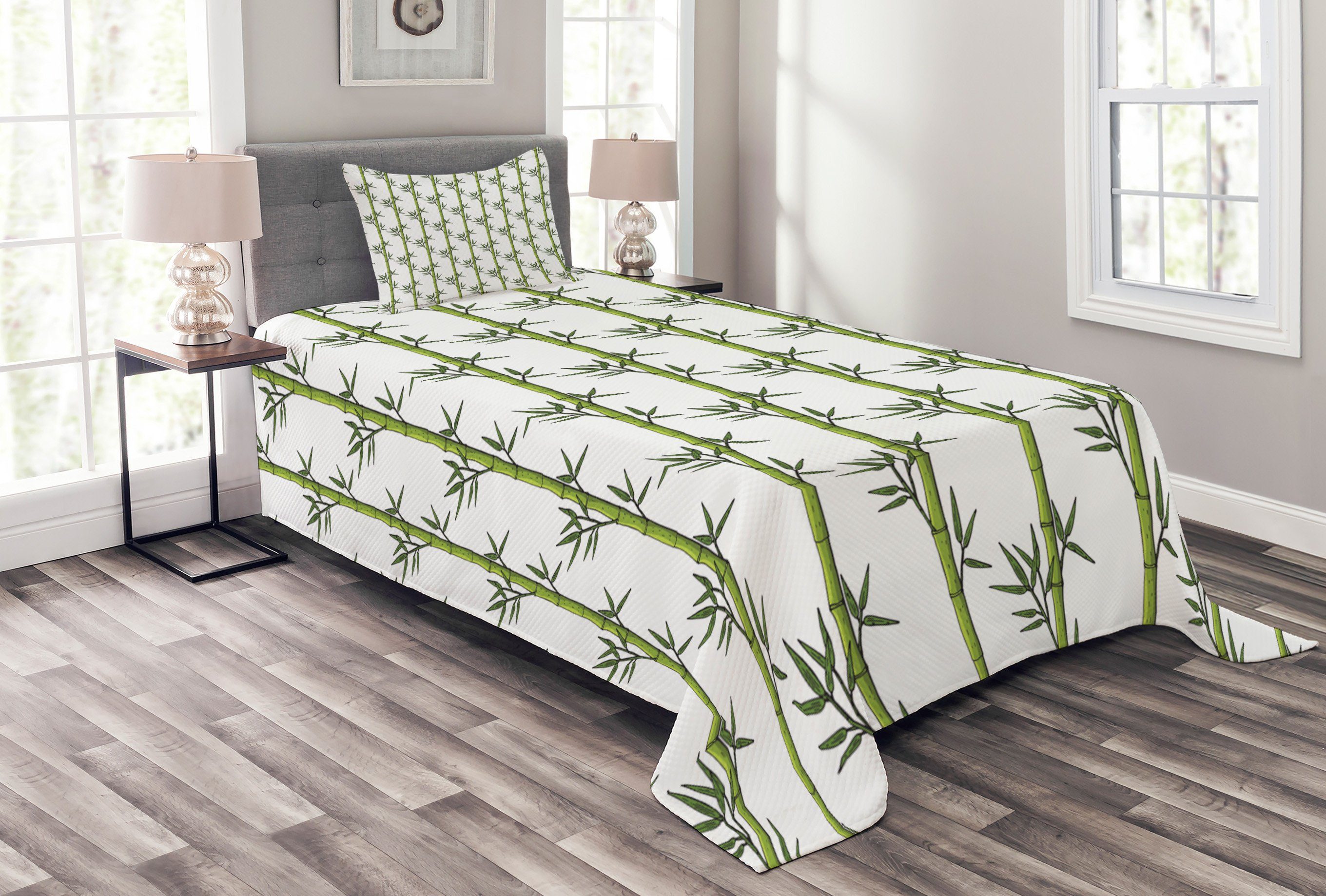 Tagesdecke Set mit Kissenbezügen Waschbar, Abakuhaus, Oriental Grün Bambusstämme Pattern