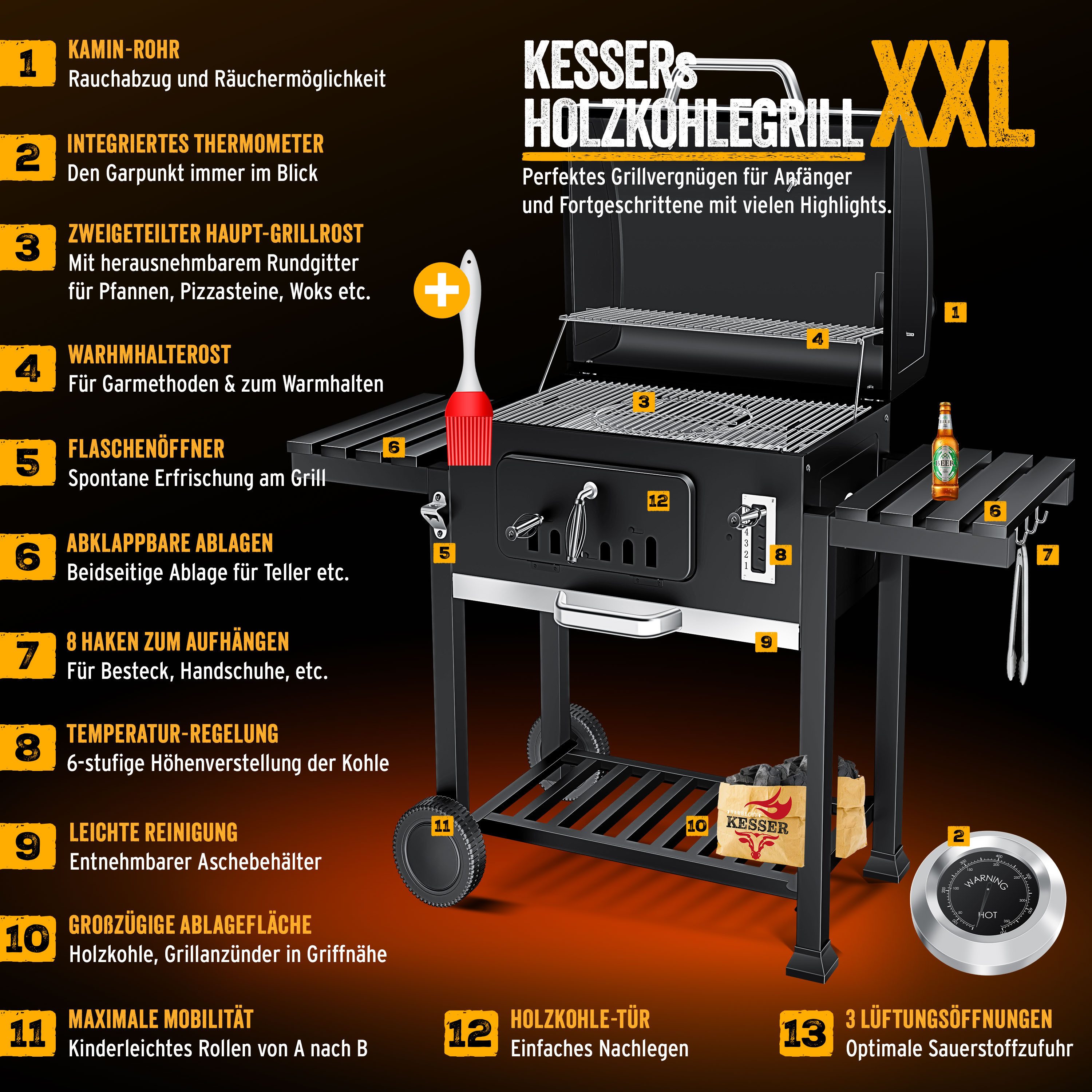 KESSER Holzkohlegrill Grill Grillwagen BBQ Smoker XXL Holzkohlegrill mit Deckel, Rädern, Edelstahl-Griff, Grillrost und Thermometer Standgrill Kohlegrillwagen