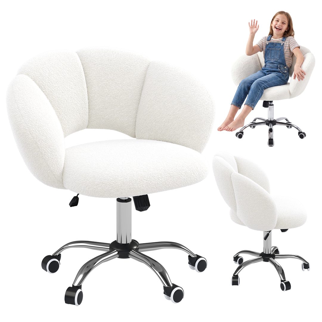 Bellabino Kinderstuhl Meli Kinderschreibtischstuhl 360° drehbar & höhenverstellbar (weiß, Wolkenstuhl), weicher Teddy-Bouclé Stoff, Kinderschminktischstuhl mit 5 Rollen