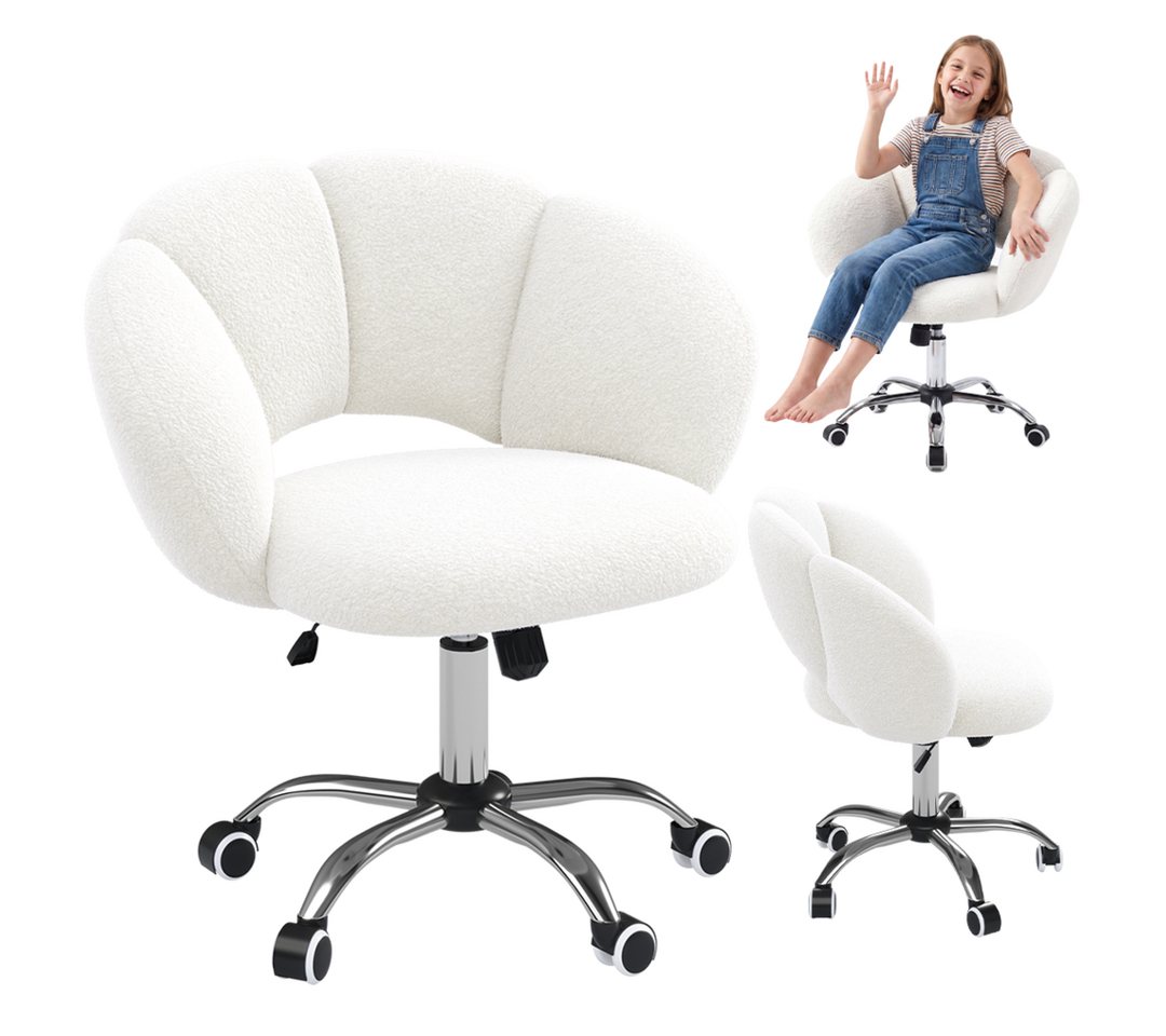 Bellabino Kinderstuhl Meli Kinderschreibtischstuhl 360° drehbar & höhenverstellbar (weiß, Wolkenstuhl), weicher Teddy-Bouclé Stoff, Kinderschminktischstuhl mit 5 Rollen