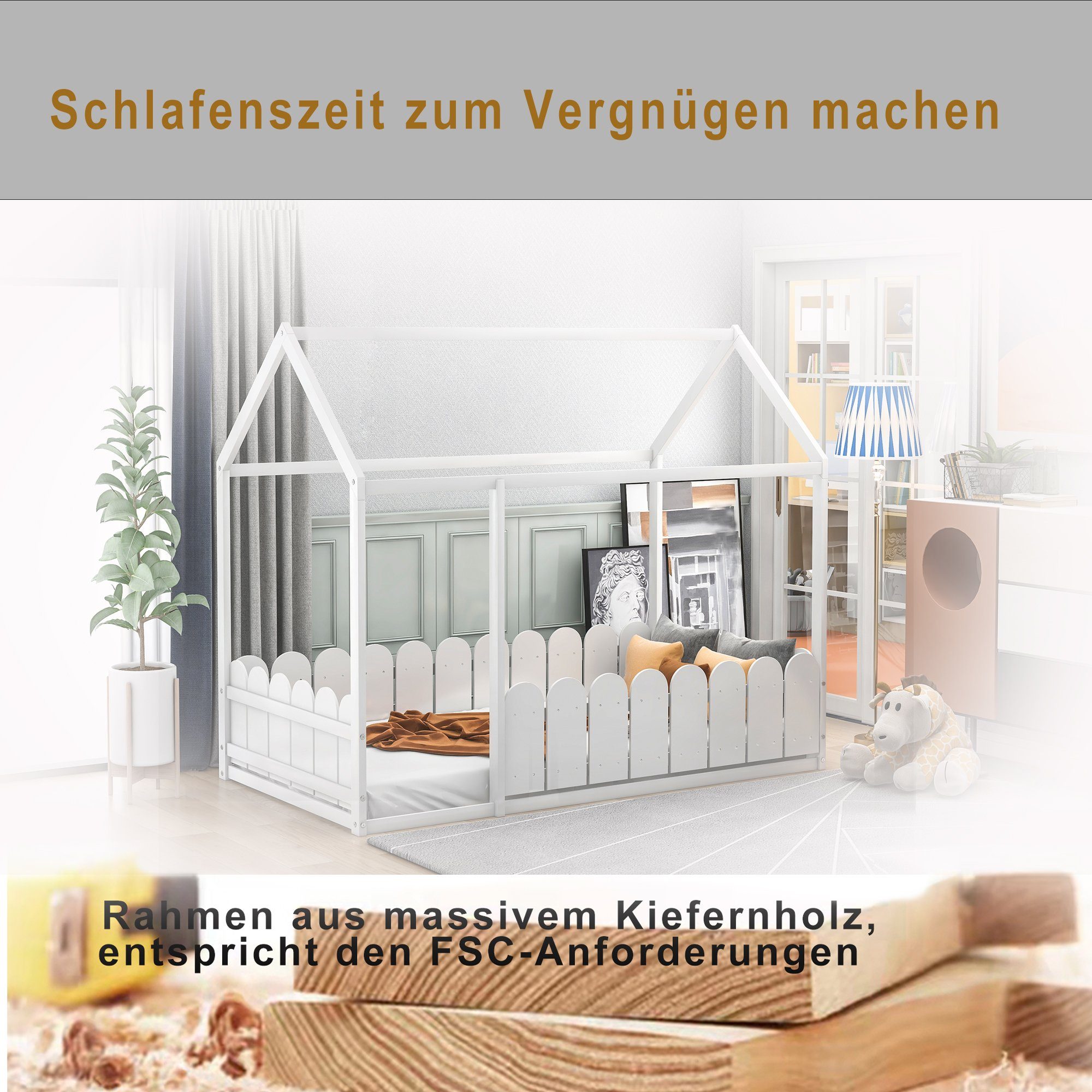 Kinderbett (Spielbett), 80x160 cm Hausbett für Kinder, Mädchen & Jungen, massivem Kiefernholz