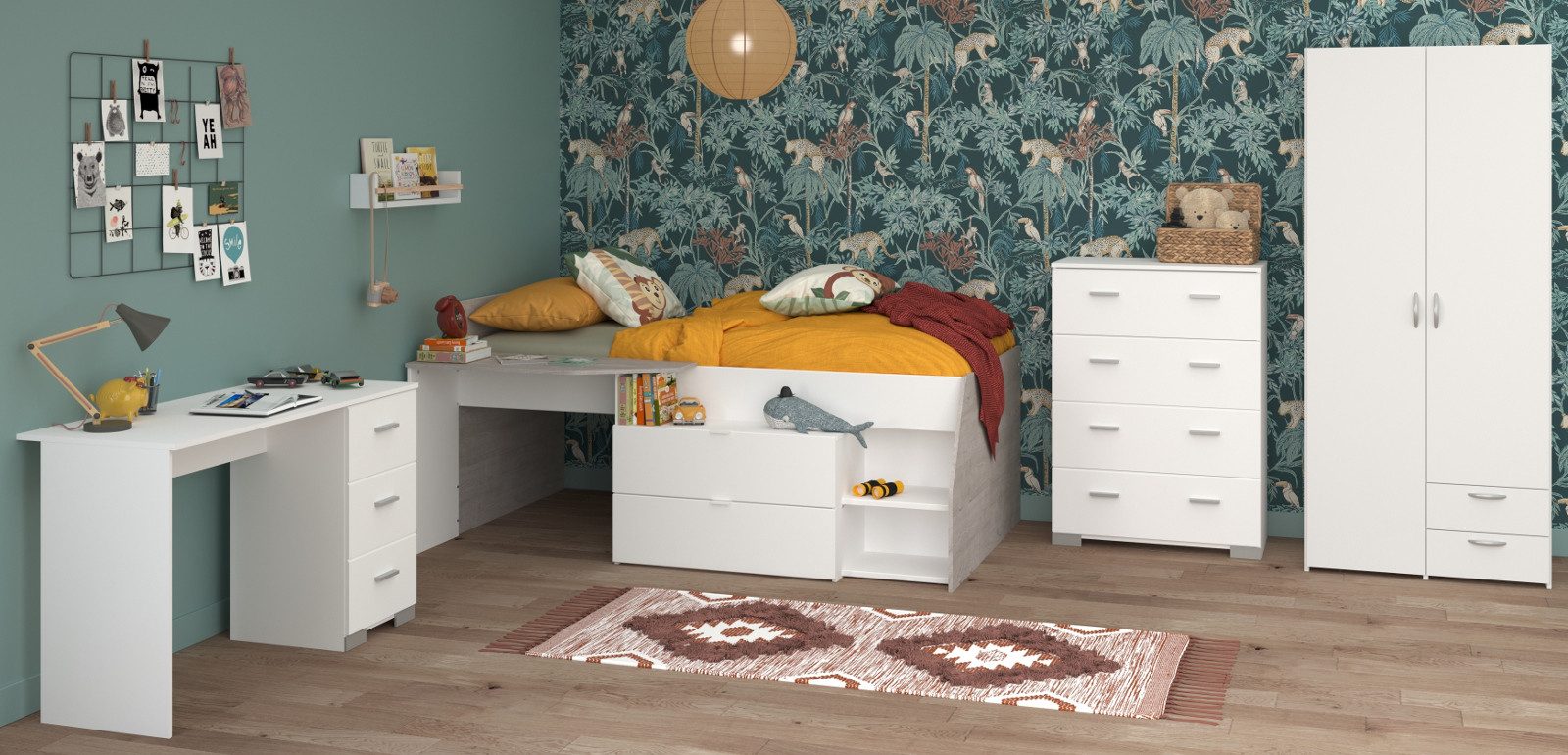 Parisot Jugendzimmer-Set Milky, (Komplett-Set Weiß mit Grau, 4-tlg., Bett, Kommode, Schreibtisch und Kleiderschrank), inklusive Stauraumbett