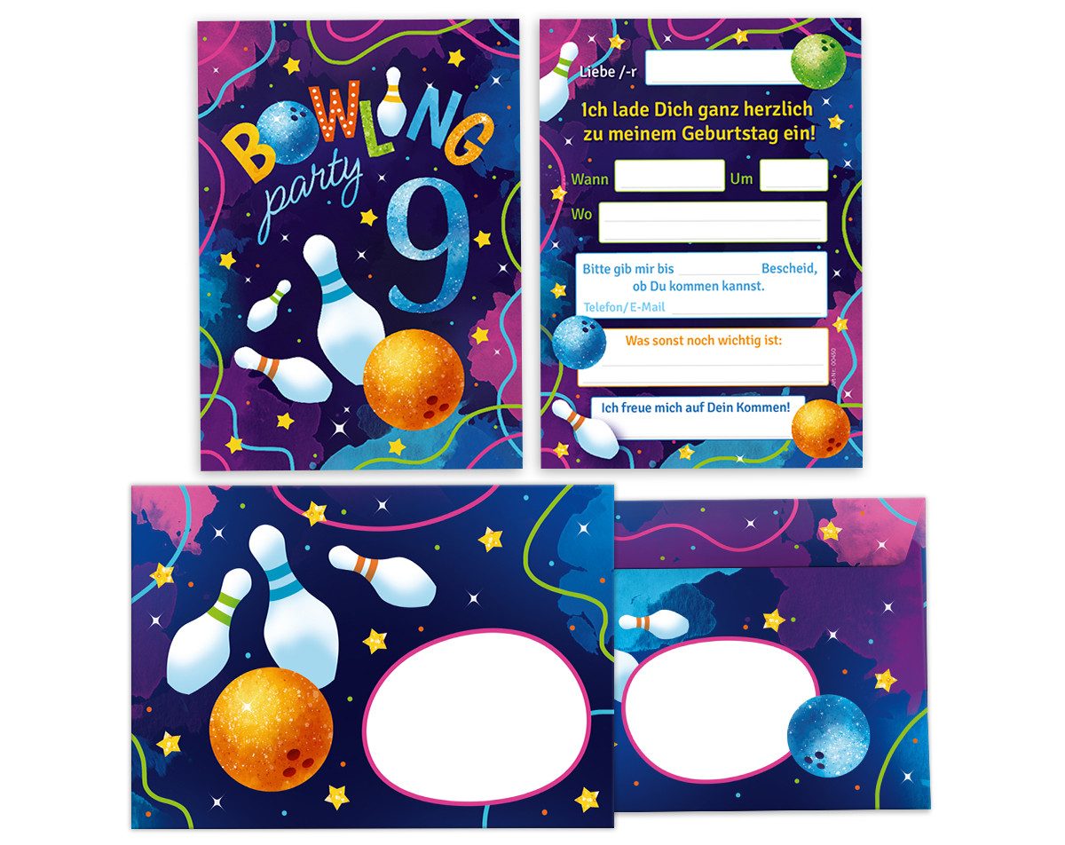 Einladungskarten Bowling zum 9. Geburtstag Mädchen Jungen Einladungen mit Umschlägen