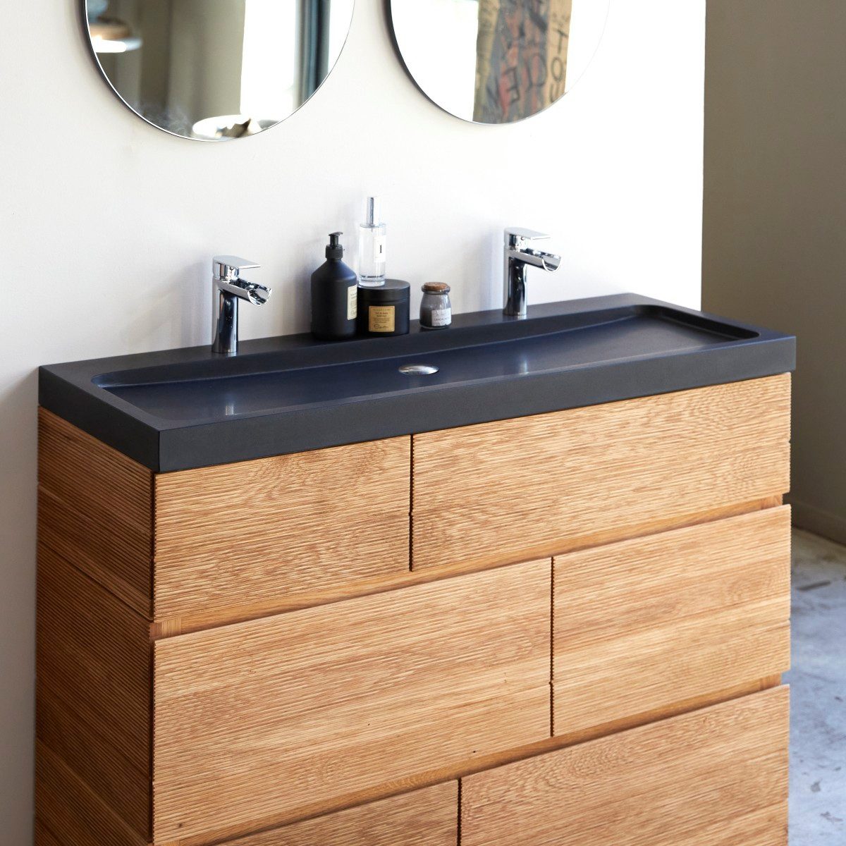 Tikamoon Waschtisch Waschtisch aus Eiche mit integrierten Lavastein Waschbecken 120 cm