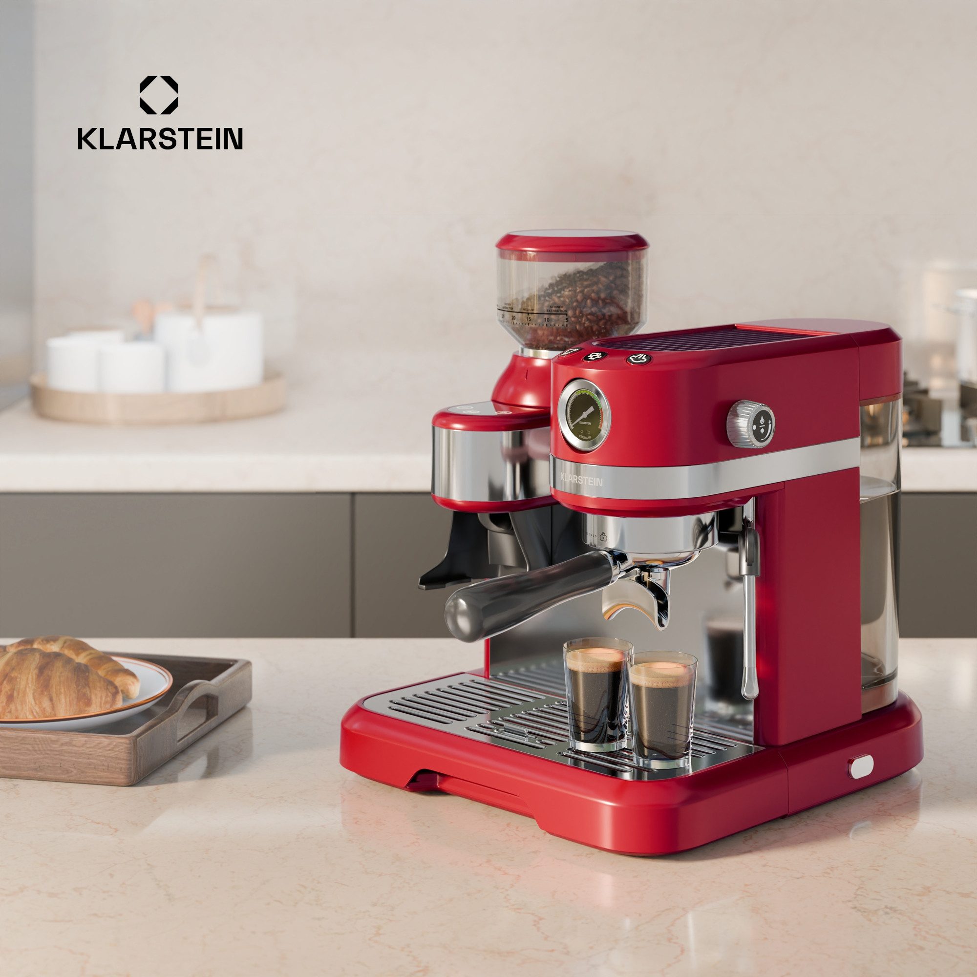 Klarstein Espressomaschine, 1.4l Kaffeekanne, Edelstahl-Siebträger, Elektrisch 19 Bar Espressomaschine Kaffemaschine Kegel-Mahlwerk