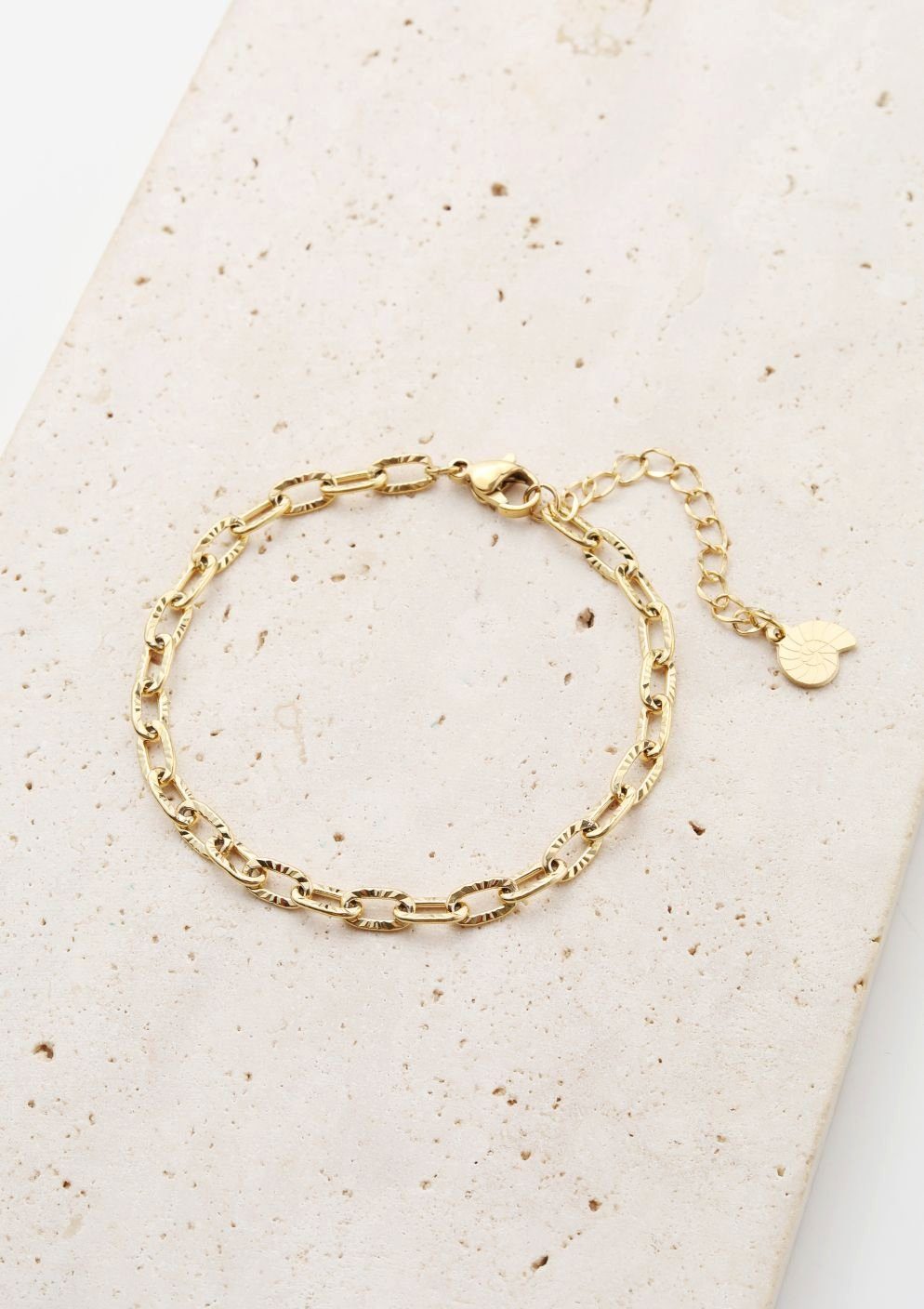 Hey Happiness Gliederarmband 18K Roségold vergoldet, Glieder Kettchen strukturiert, Edelstahl Damen Armkette Chunky, wasserfest