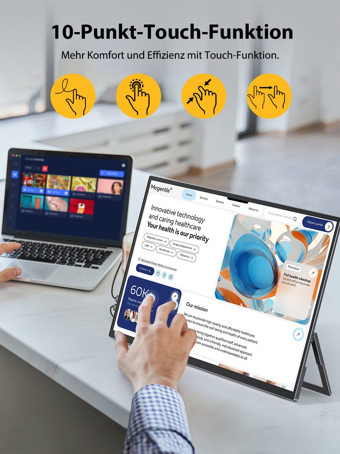 UPERFECT 18,5 Zoll Tragbarer Touchscreen-Monitor, 120Hz Full HD Display Portabler Monitor (46,99 cm/18,5 ", 1920 x 1080 px, Integrierter Ständer, VESA-kompatibel, Metallgehäuse)