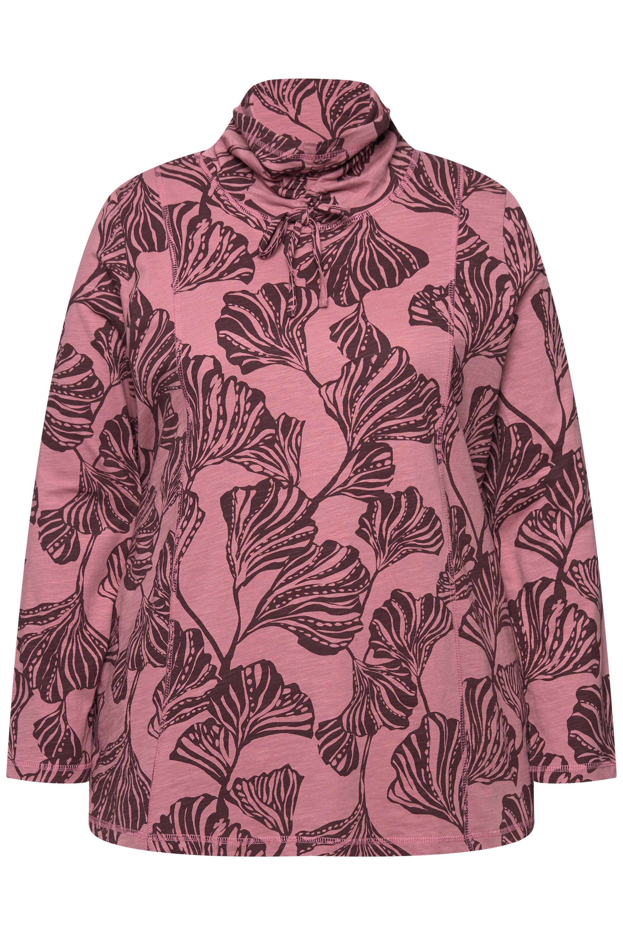 Longshirt Shirt Blätter A-Linie Stehkragen Langarm