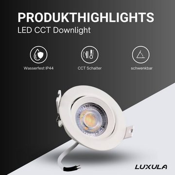 LUXULA LED Einbauleuchte LED CCT Downlight schwenkbar, 7W, 718lm, 38°, Lichtfarbe einstellbar, LED fest integriert, warmweiß, CCT, neutralweiß, kaltweiß, IP44