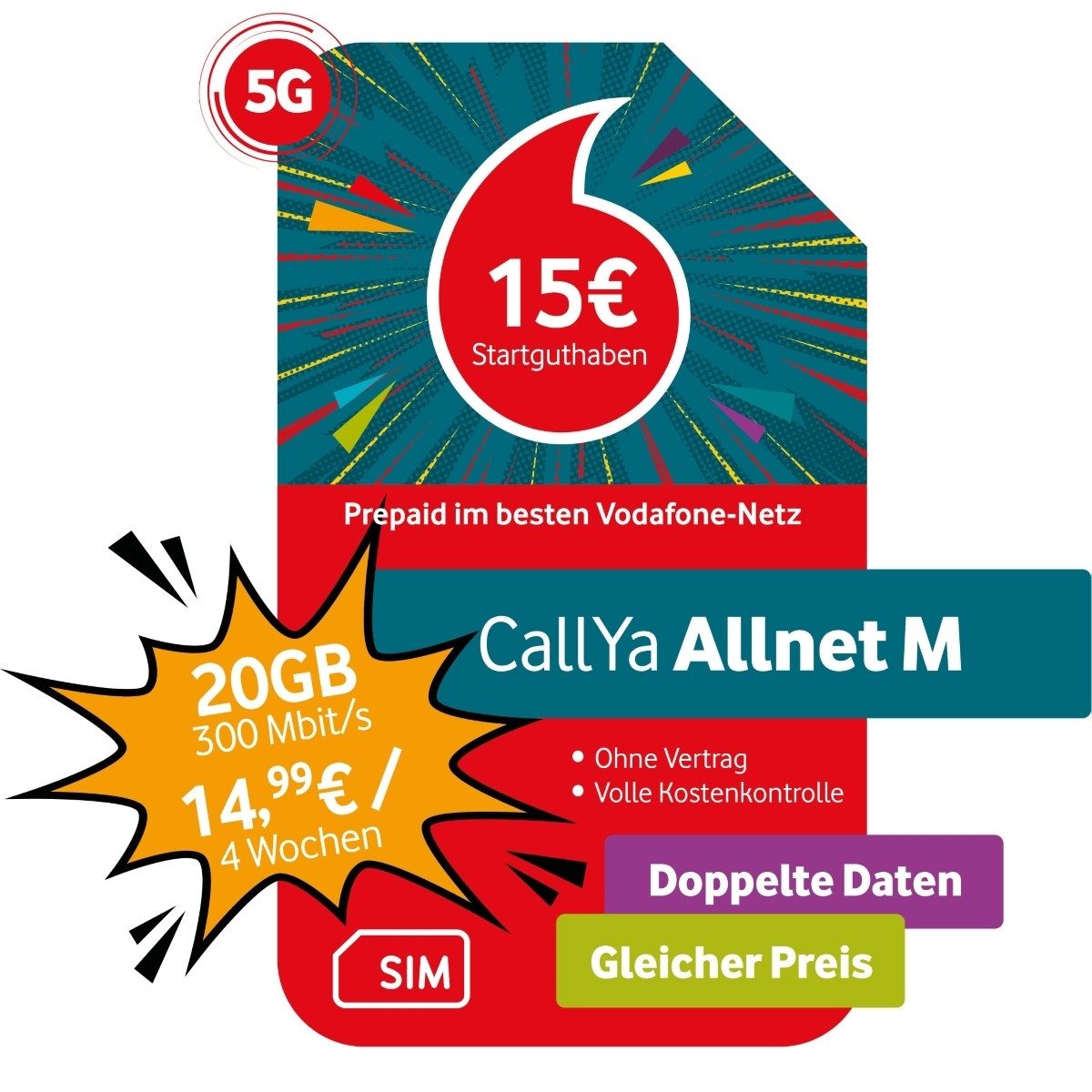 Vodafone Prepaid CallYa M 20 GB statt 10 GB 15 EUR Guthaben Prepaidkarte