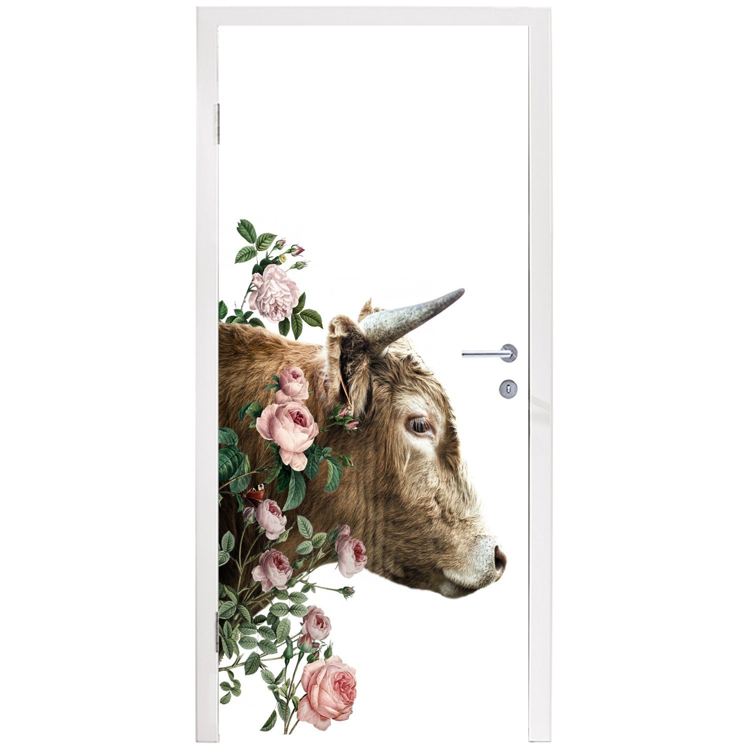 - (1 Kuh St), cm 75x205 MuchoWow Türaufkleber, bedruckt, Matt, - Schottischer Highlander Fototapete Blumen, Türtapete Tür, für