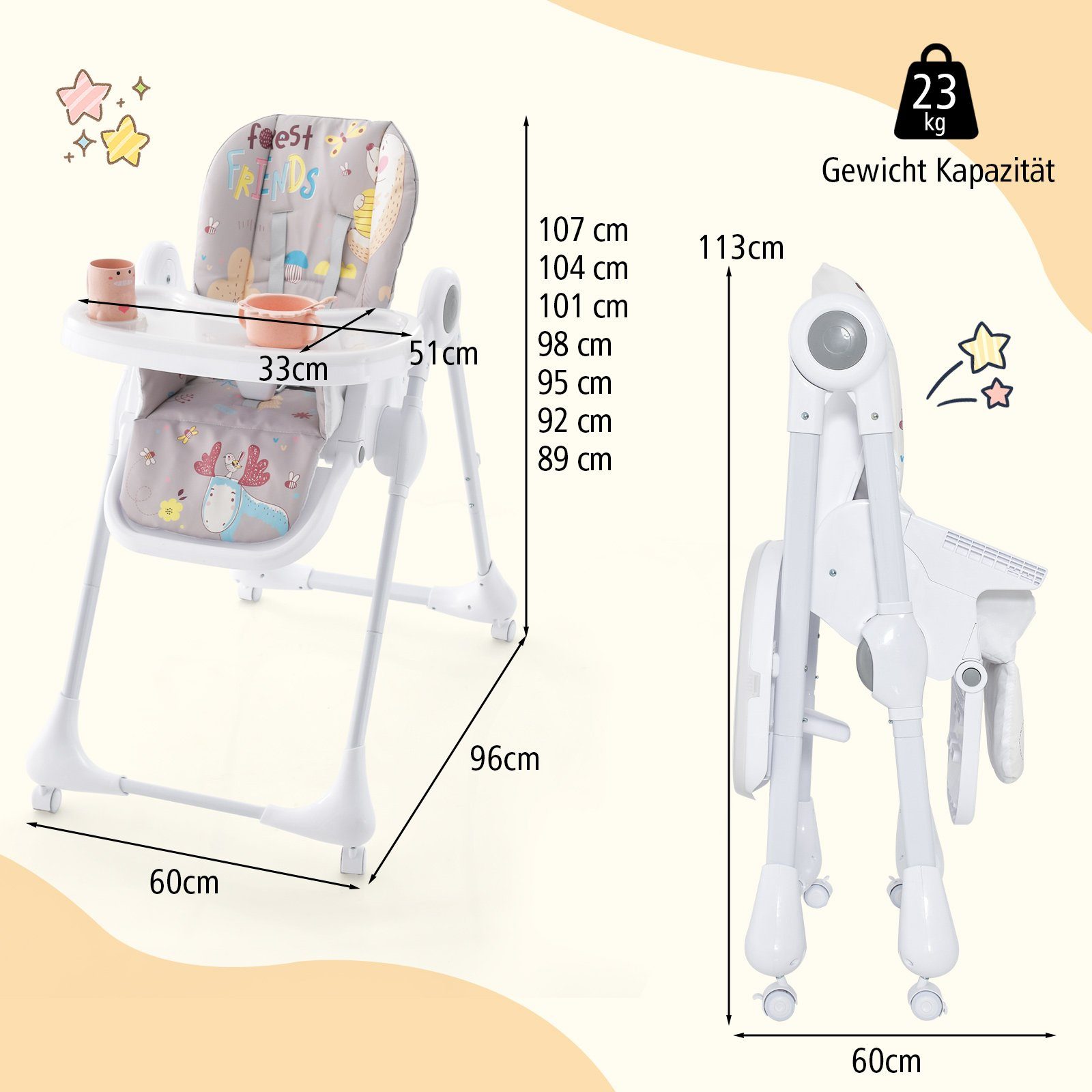 COSTWAY Hochstuhl, 3in1 klappbarer Babyhochstuhl, 7-stufiger Höhen, verstellbar