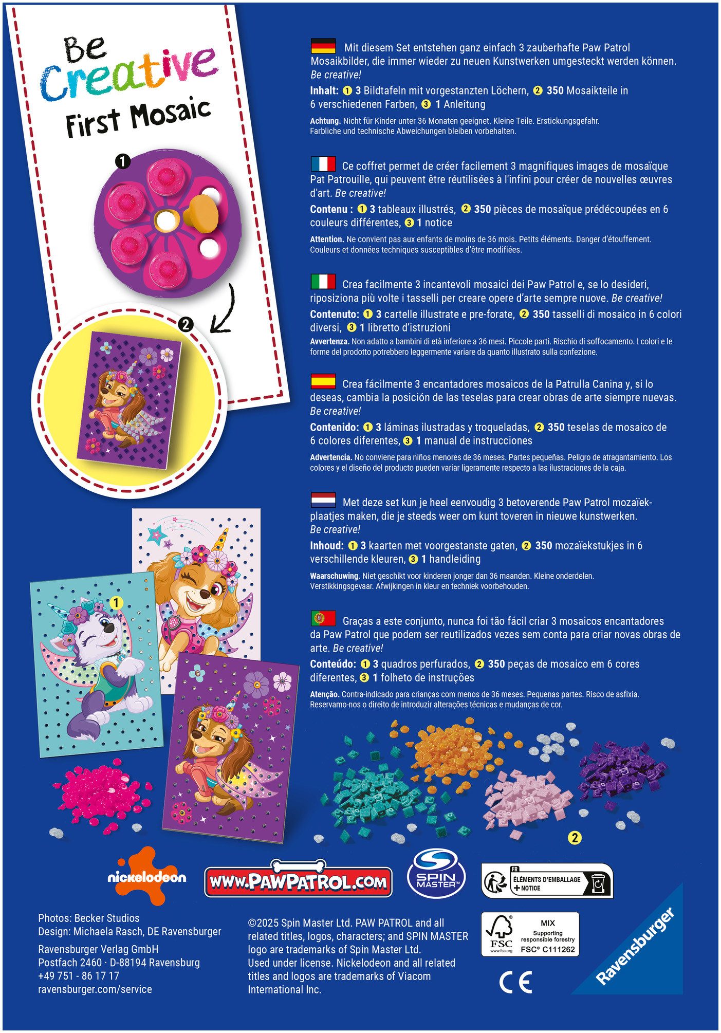 Ravensburger Kreativset BeCreative Midi, Mein erstes Mosaik Paw Patrol, Made in Europe