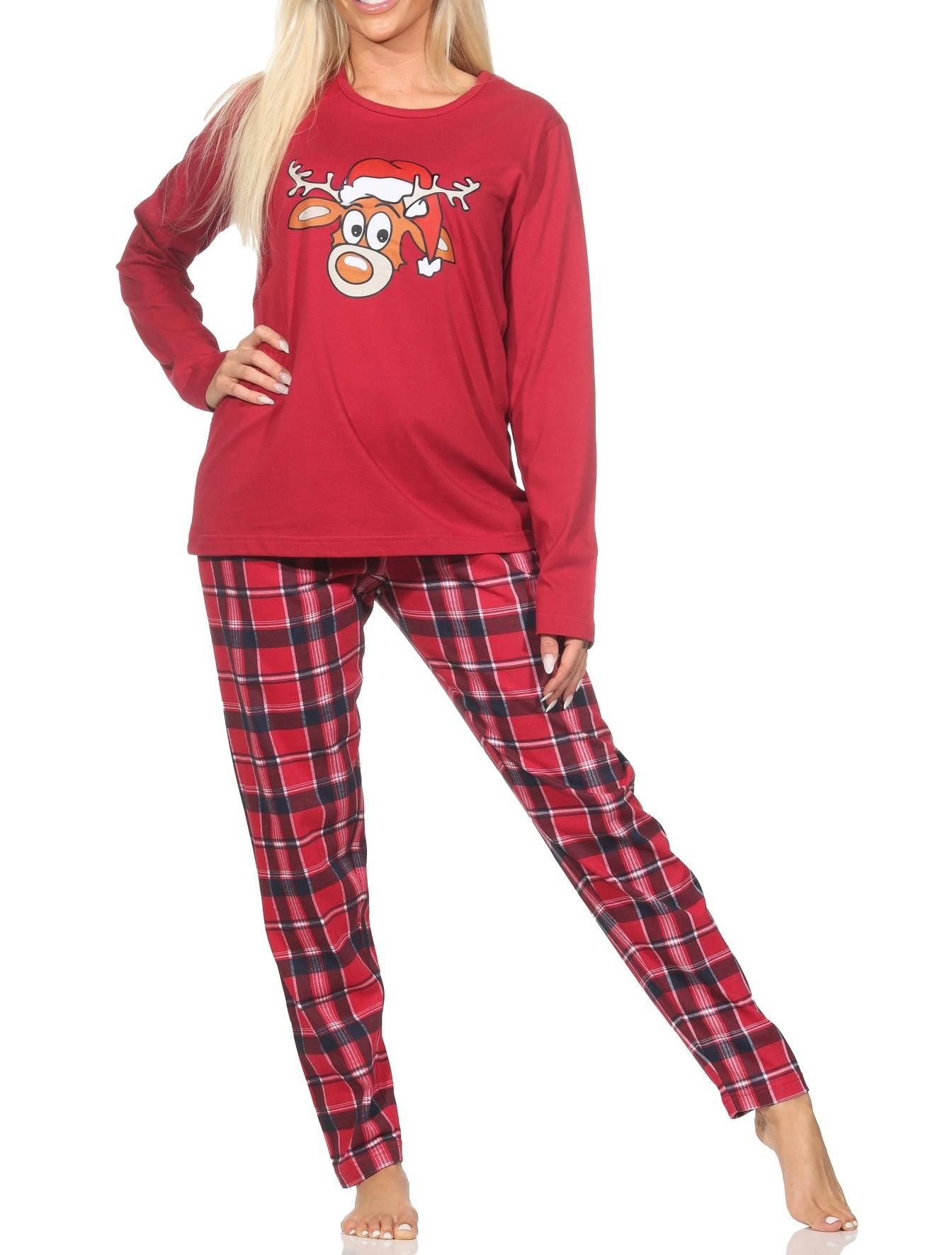 Normann Pyjama Damen Weihnachts Schlafanzug Pyjama mit lustigen Renntier Motiv