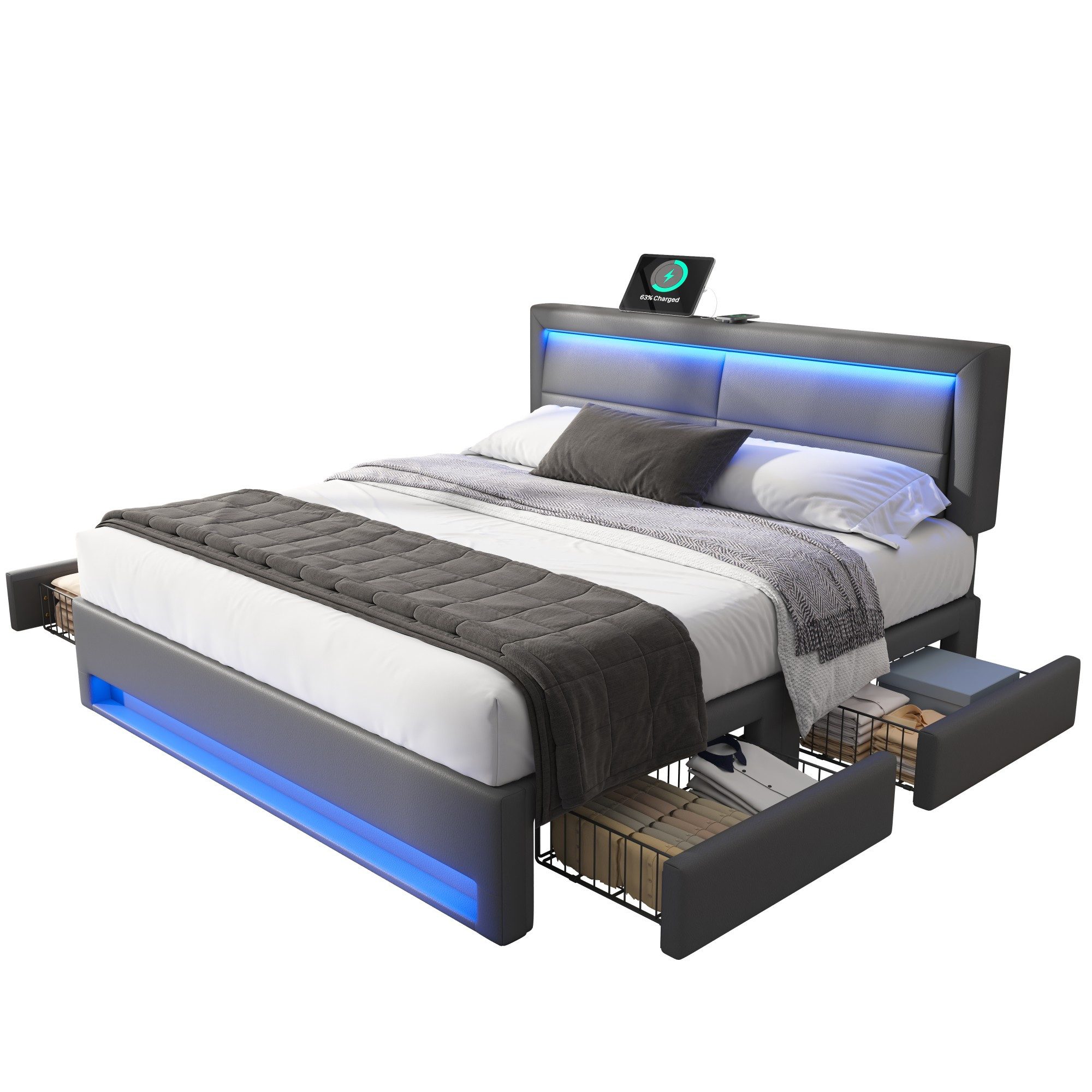 OKWISH Polsterbett mit LED-Beleuchtung und Stauraum günstig online kaufen