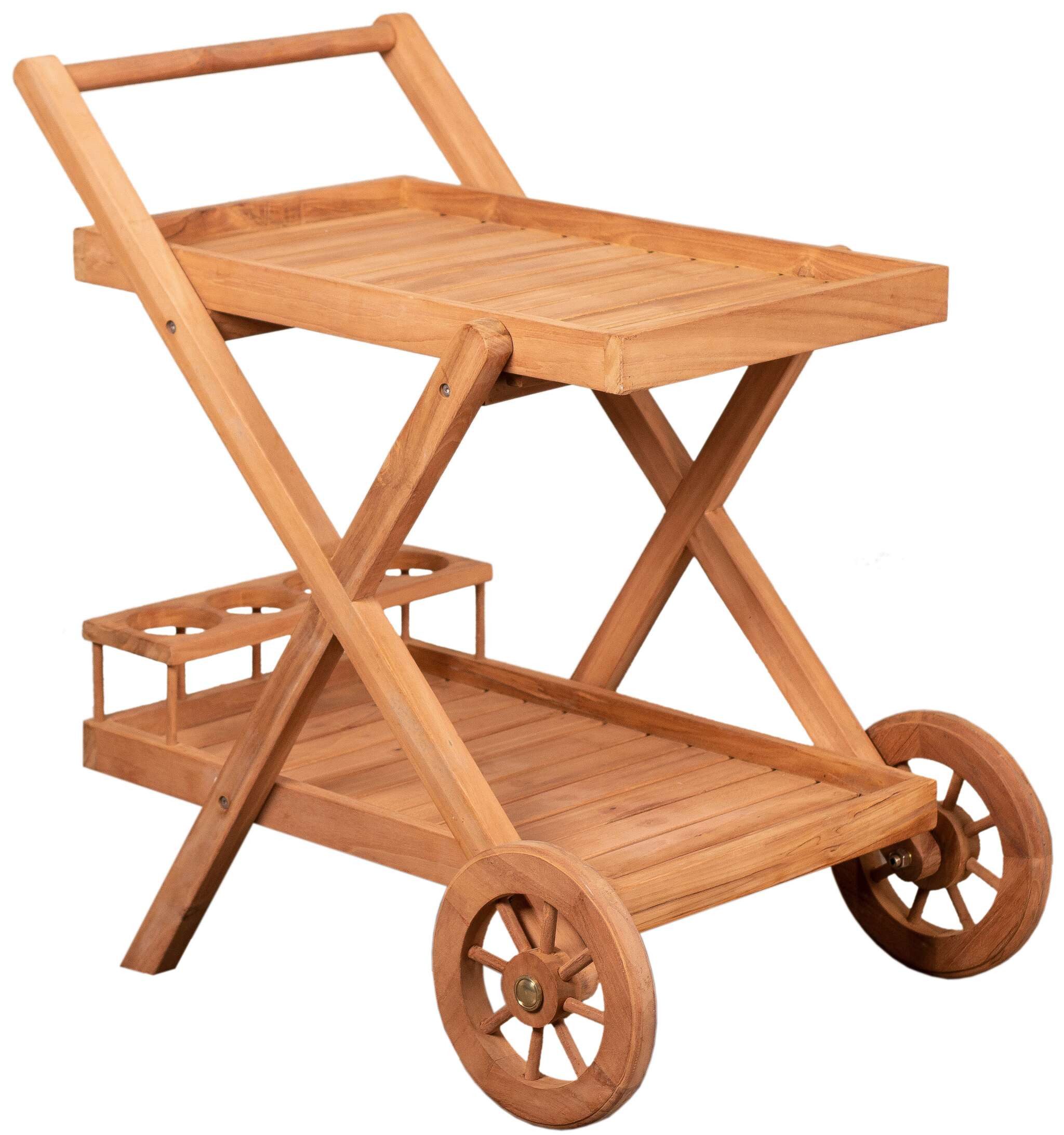 MR.DEKO Servierwagen Teak Chester – Outdoor Beistelltisch mit Rollen, massiv, (Teakholz-Servierwagen für Garten, Terrasse & Balkon, 1 St), Tee- und Getränkewagen, Flaschenhalter, wetterfest & mobil