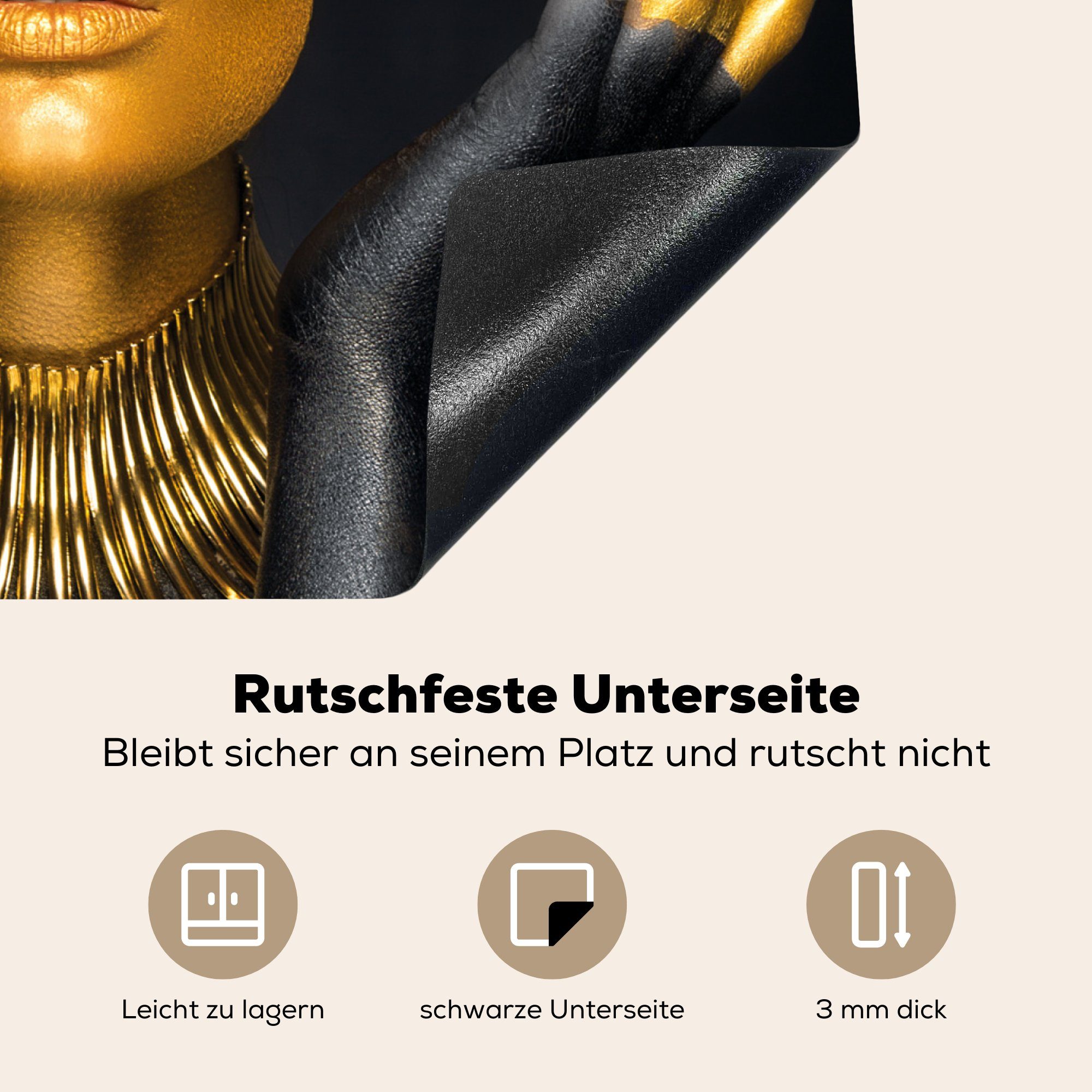 - Herdblende-/Abdeckplatte Induktionsschutz, - - Luxus Vinyl, MuchoWow Porträt Gold 57x51 Frau Ceranfeldabdeckung Schwarz, - Induktionskochfeld, (1 cm, tlg),