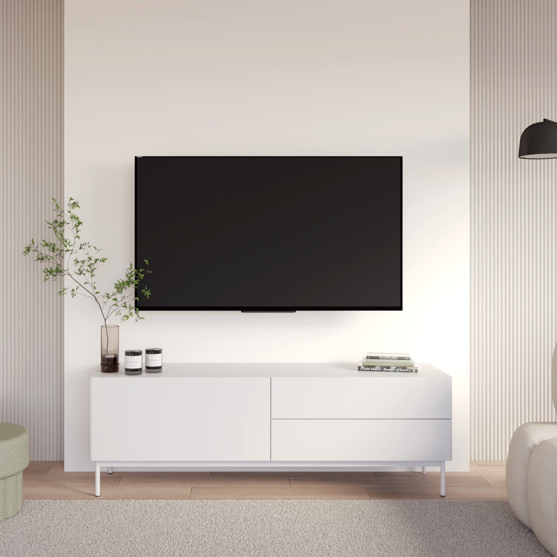 Selsey TV-Schrank OLIO TV-Lowboard Olio mit einer Klappe und zwei Schubladen 160 cm Weiß