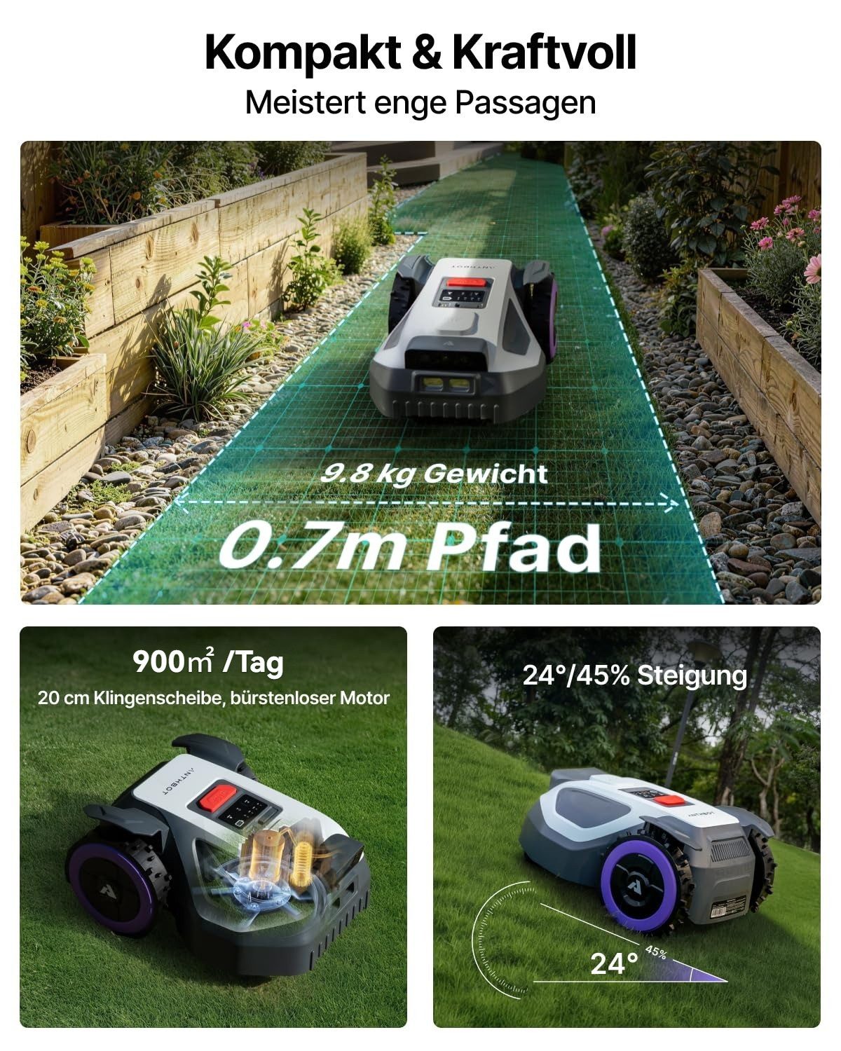 ANTHBOT Rasenmähroboter M9 Serie Ohne Begrenzungskabel mit RTK-Navigation & HDR-Dual-Vision, bis 900 m² Rasenfläche, (meistert Steigungen bis zu 45%, smarte App-Steuerung), aktiver Tierschutz & KI-Hindernisvermeidung